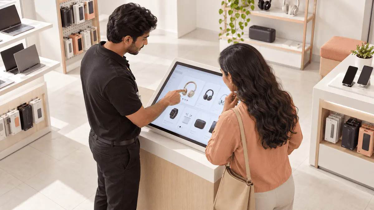 A local electronics retailer helps a customer explore products on an in-store digital device.