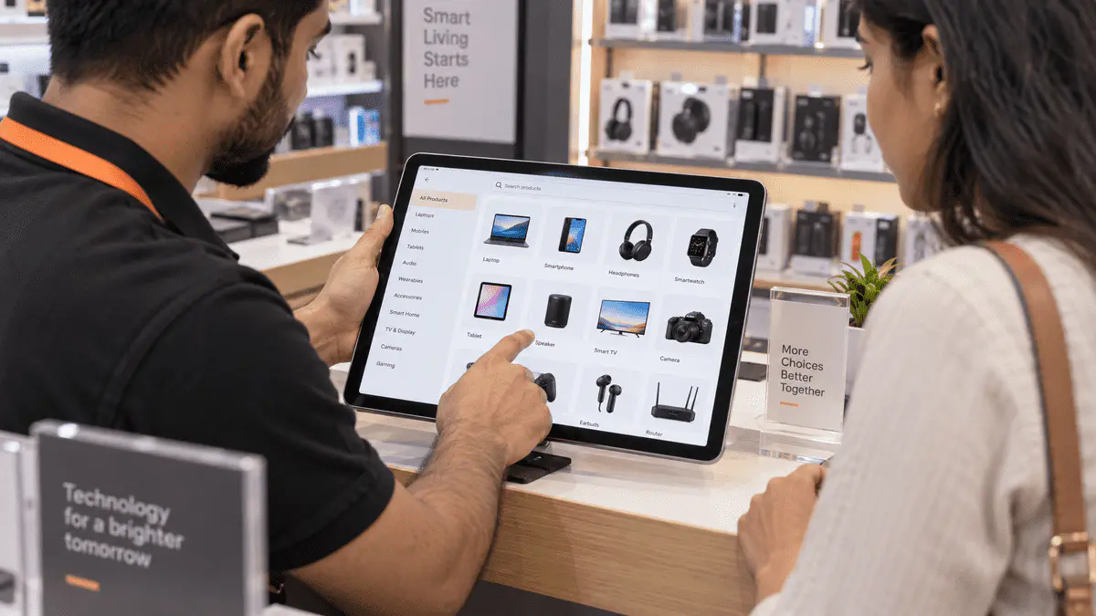 A retailer uses a touch-enabled tablet to browse a digital electronics catalogue.