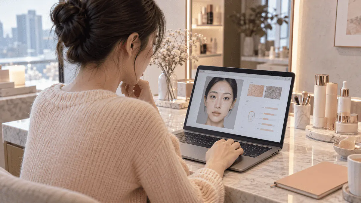 A skincare shopper uses a laptop for an AI-powered skin analysis consultation