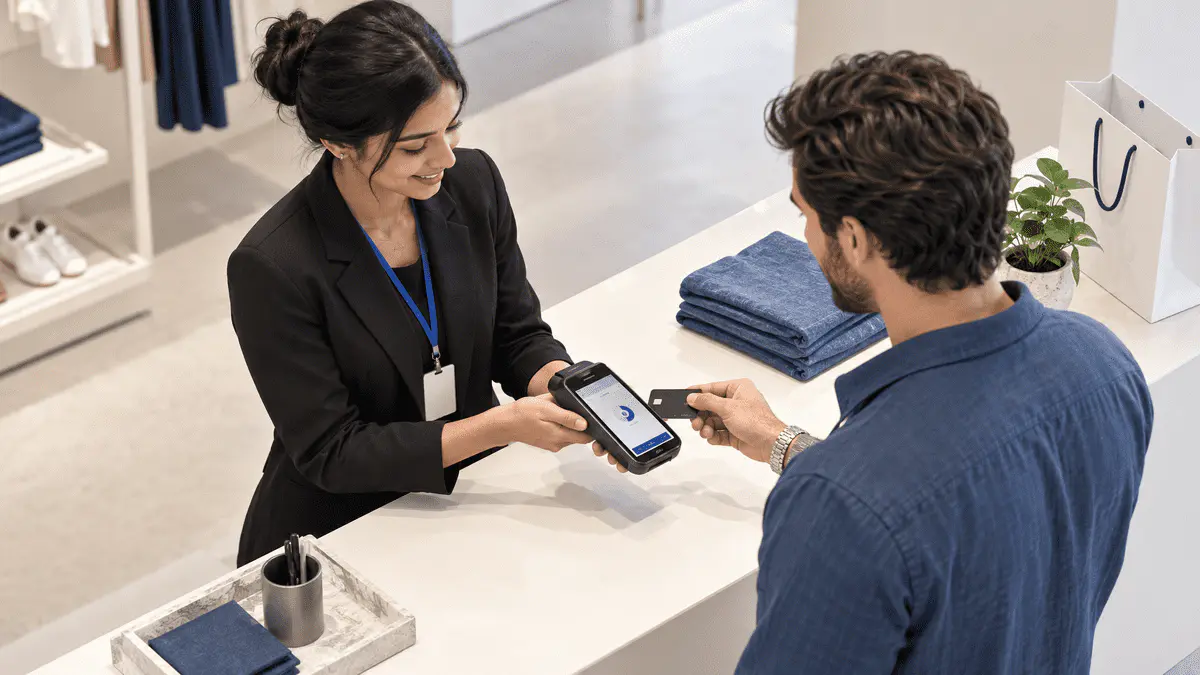Retail associate using a POS device to help a shopper complete a checkout.