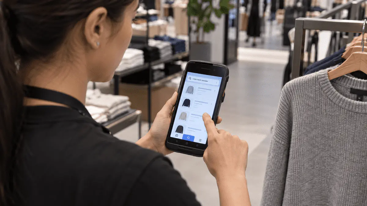 Retail associate using a handheld POS device to find inventory from another store.