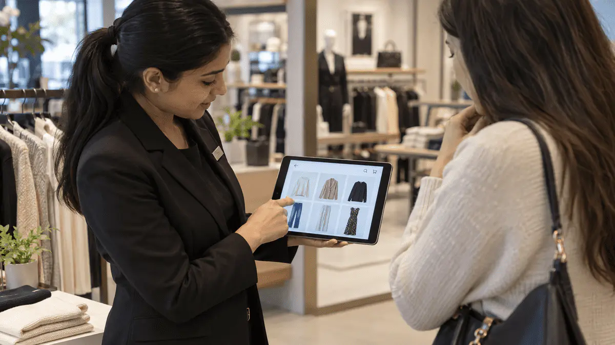 Retail associate using a device to share a curated product selection with a shopper.