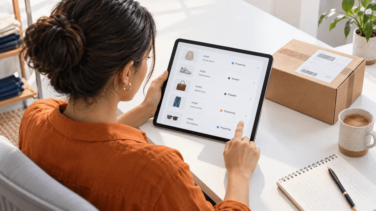 Ecommerce operator reviewing a unified order flow on a tablet beside a parcel