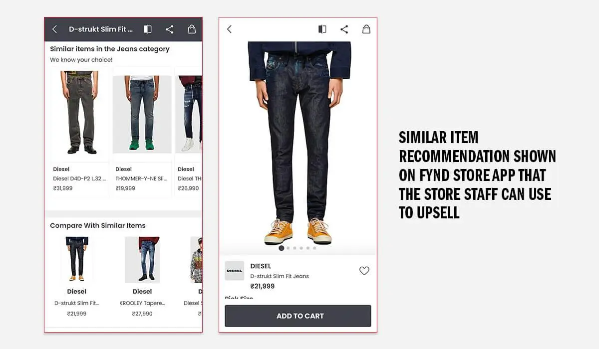 Screenshots of Diesel app PLP and PDP pages. Showing similar item recommendations on the Fynd Store app. 