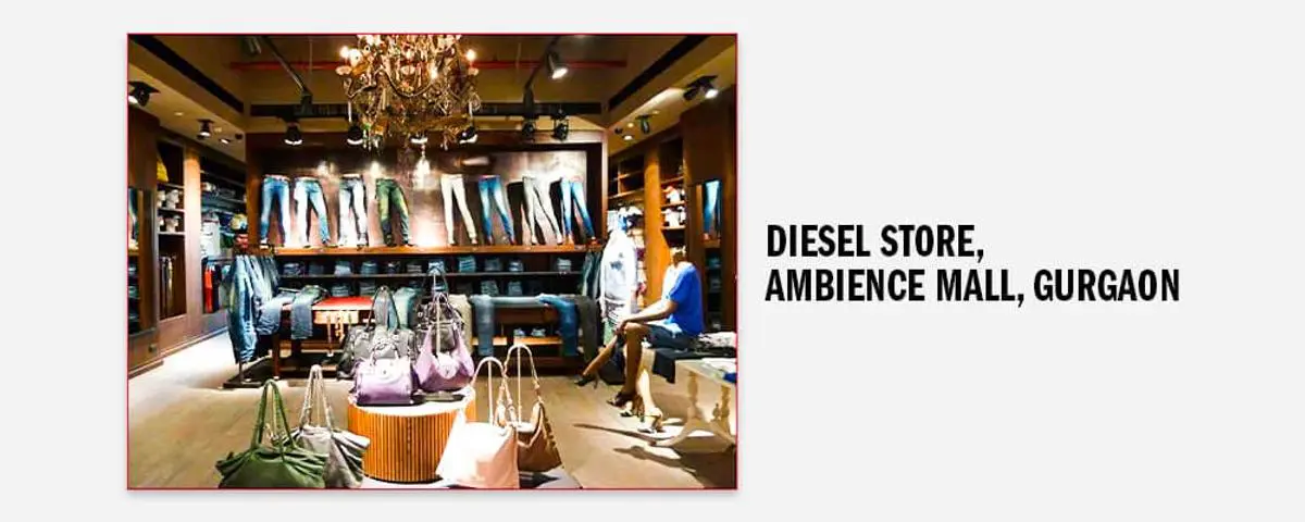 Diesel Store, internal view with denims and bags on display.
