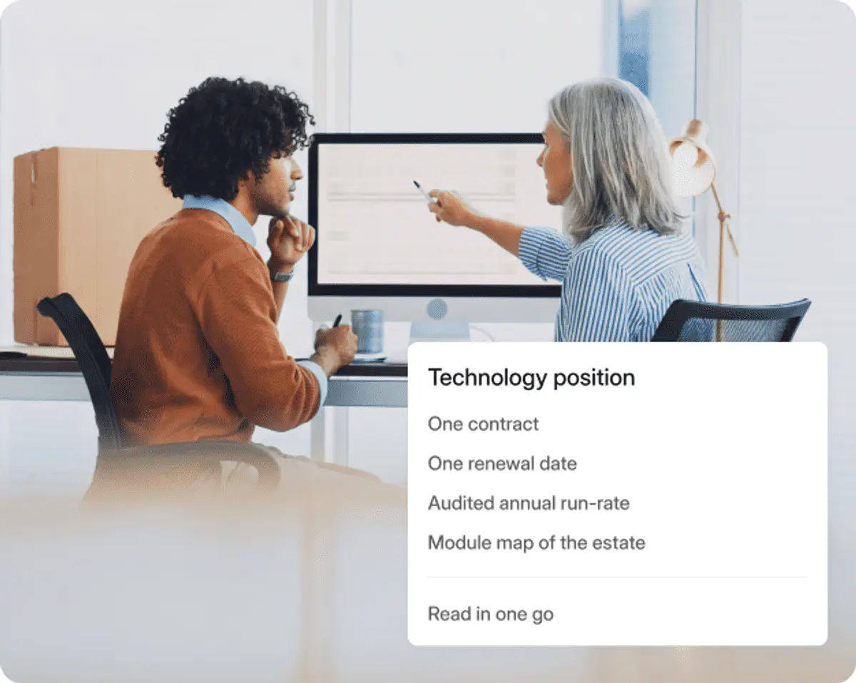 Two colleagues reviewing a screen, with a floating card listing the technology position: one contract, one renewal date, audited annual run-rate, module map of the estate, read in one go