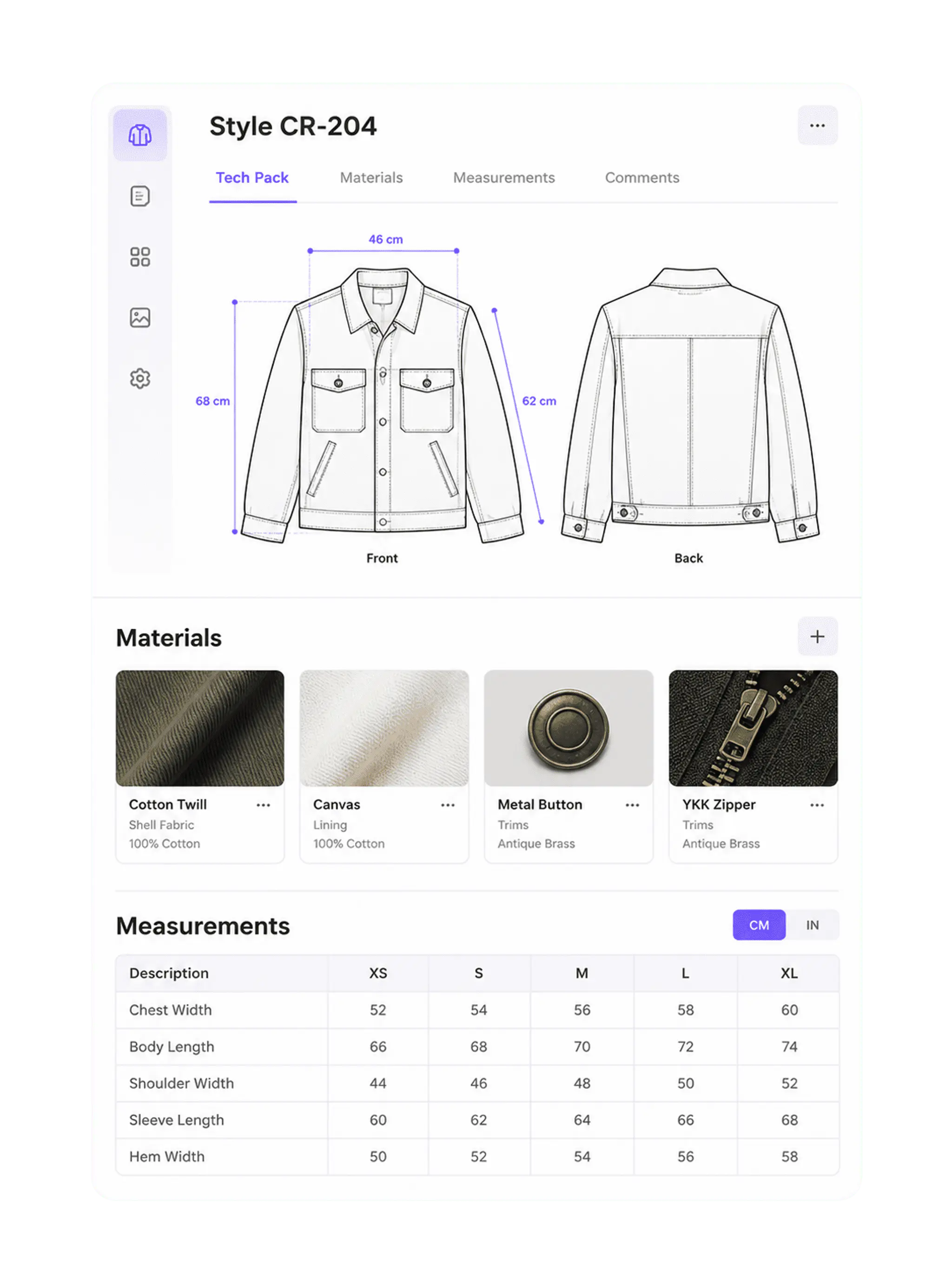 Workwear jacket tech pack workspace with construction details and material specifications