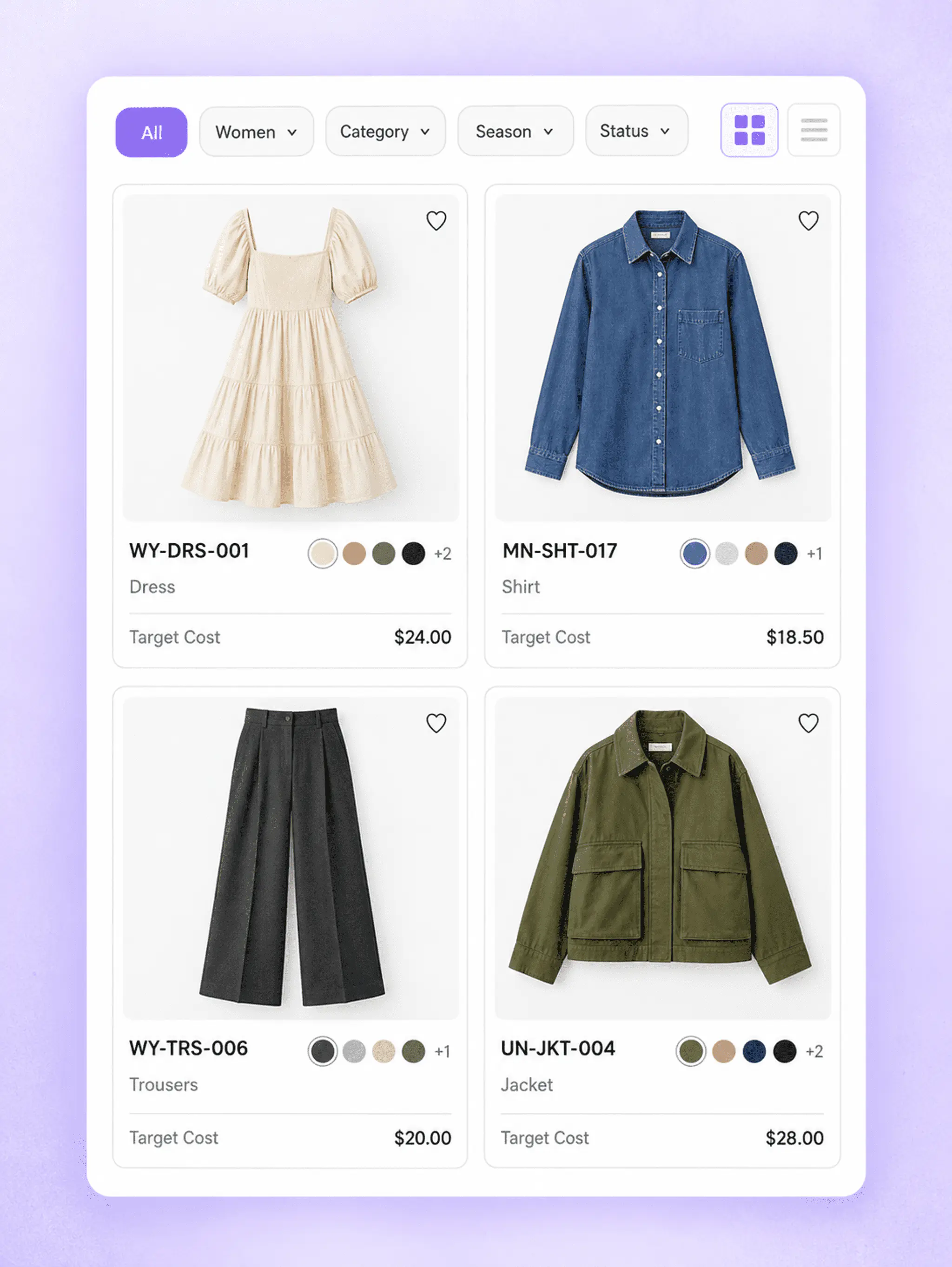 Professional apparel line sheet with style listings and product details