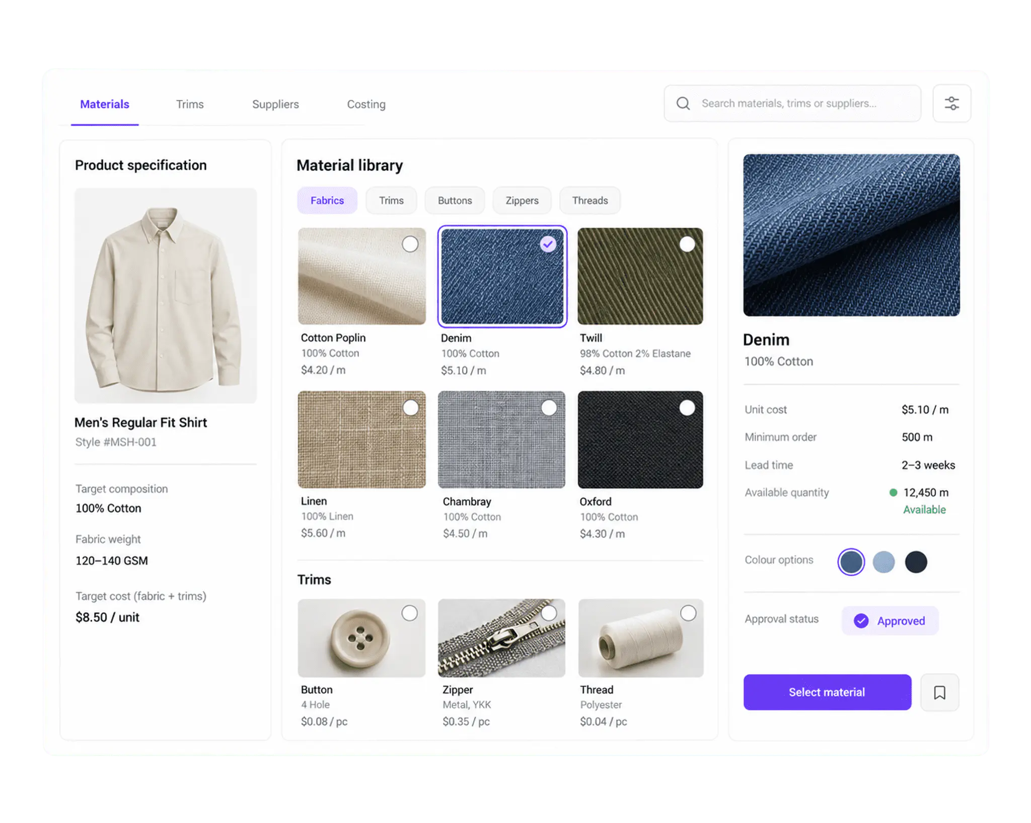 Apparel material sourcing workspace showing fabric library and product specification in Fynd Create