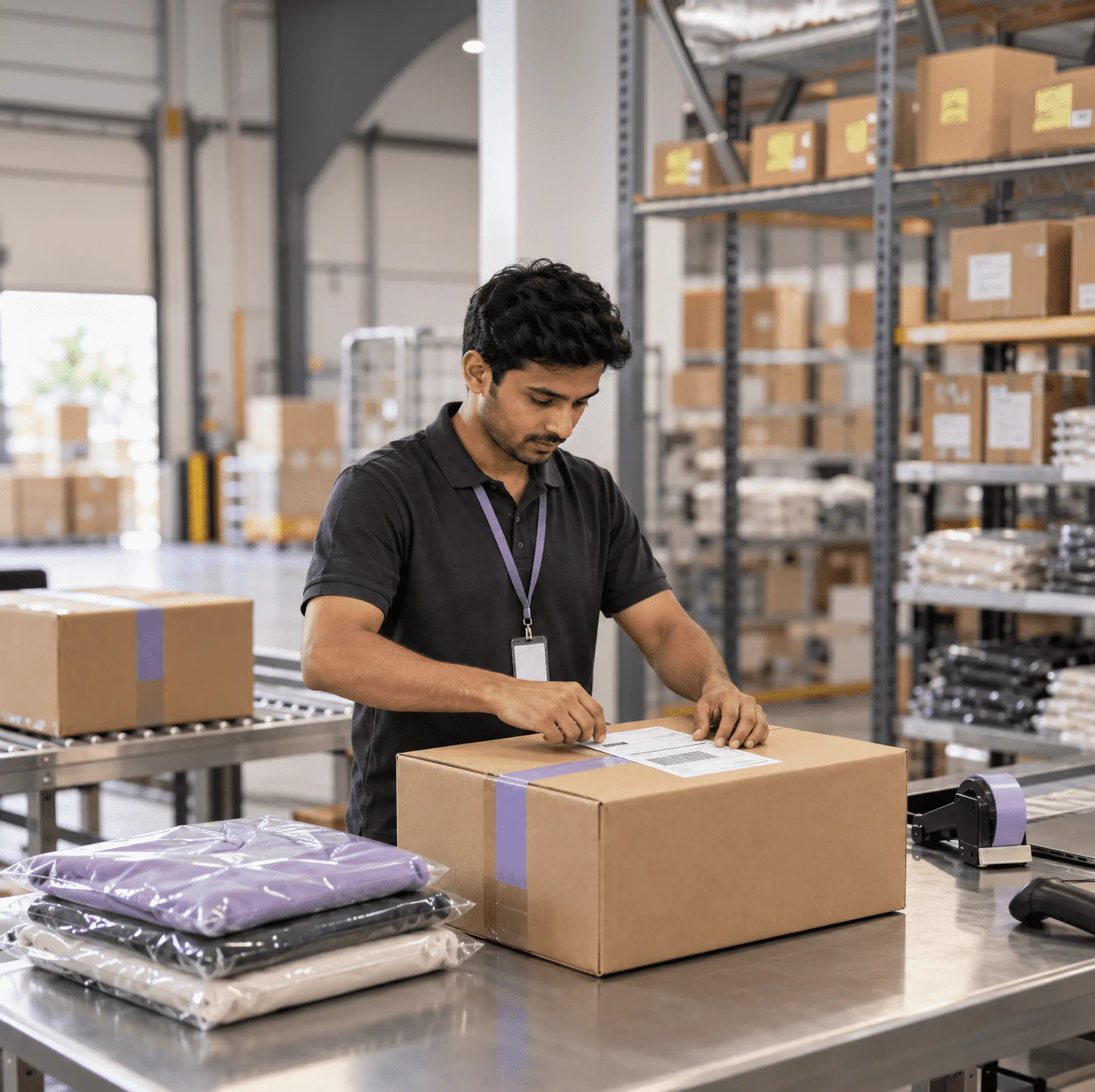 Apparel dispatch at the packing bench showing warehouse worker preparing shipments