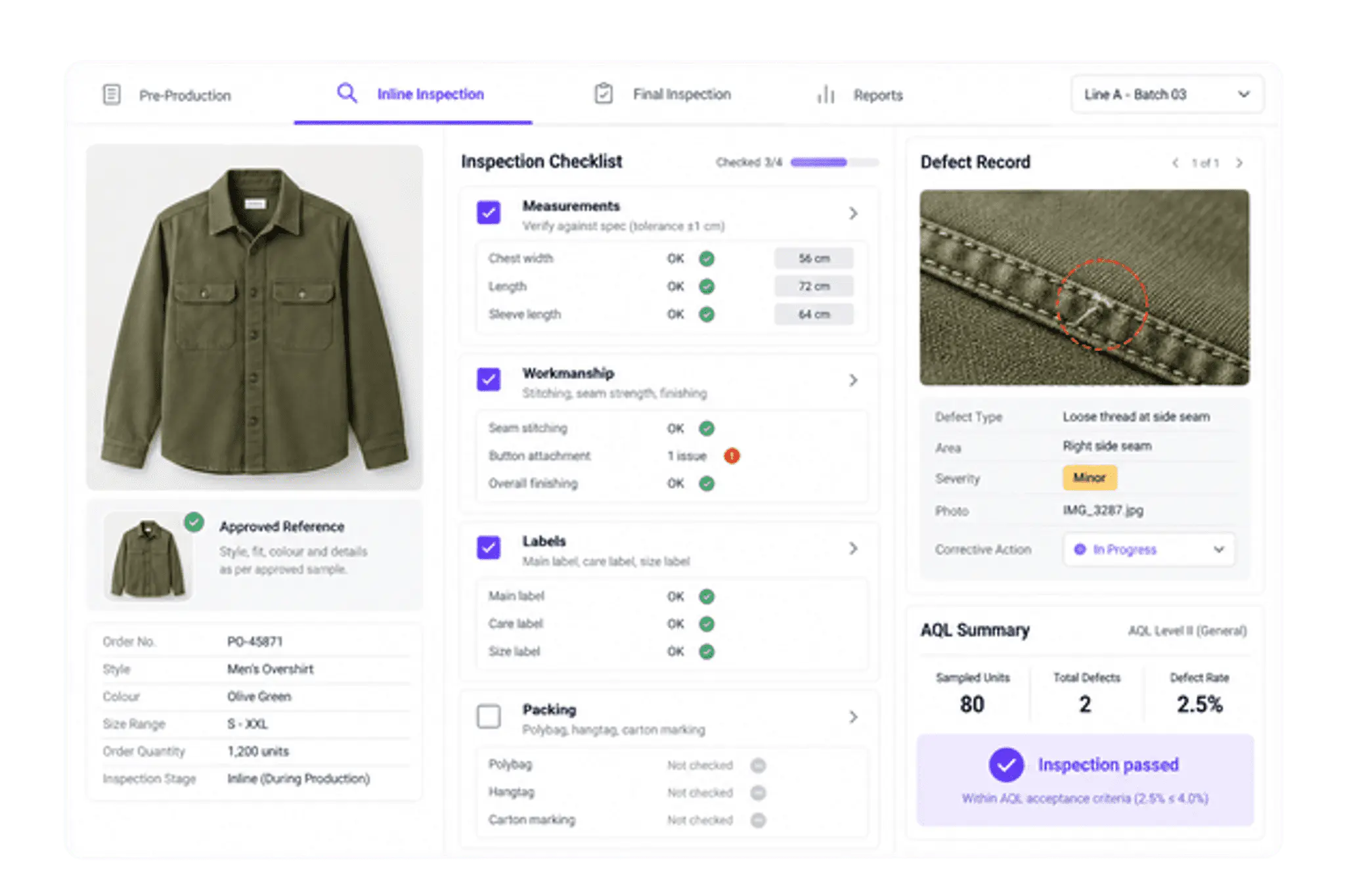 Inline and final quality control UI showing inspection checklist and defect record
