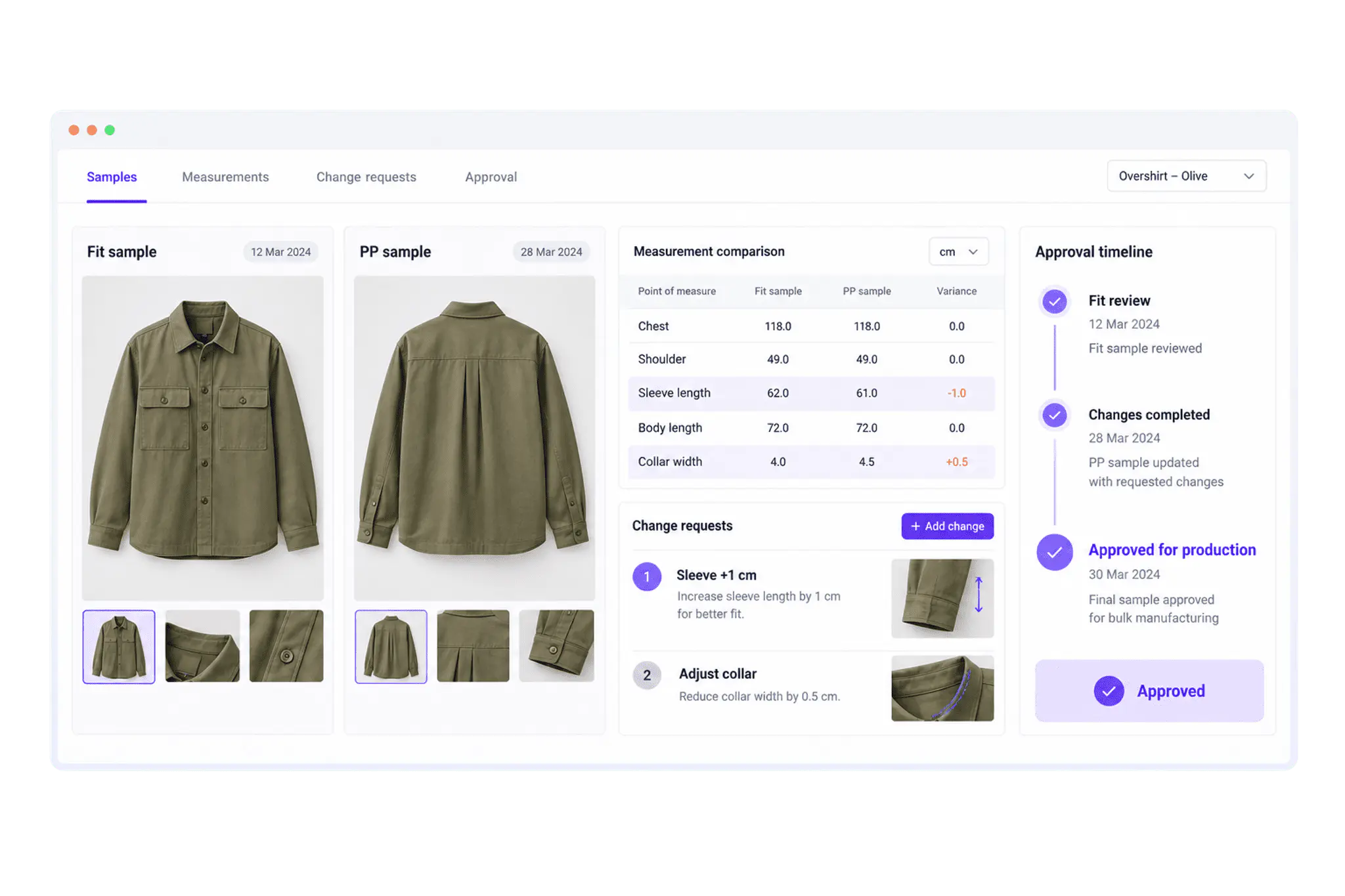 Garment sample review and approval workspace showing fit sample comparison