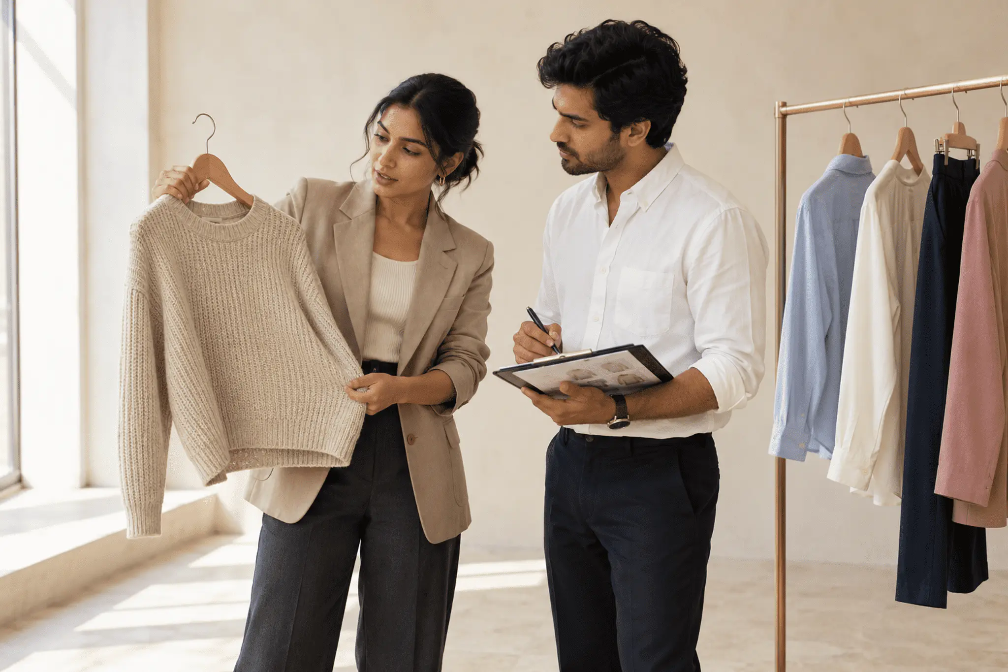 Retail buyer and merchandiser reviewing clothing collection on a rack