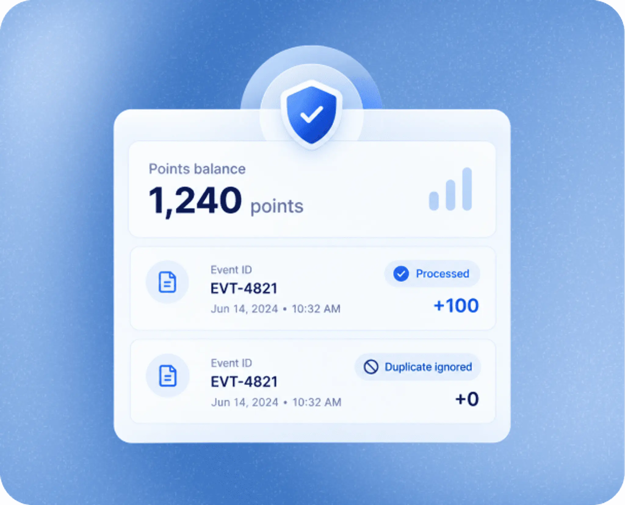 Points balance UI showing duplicate event protection