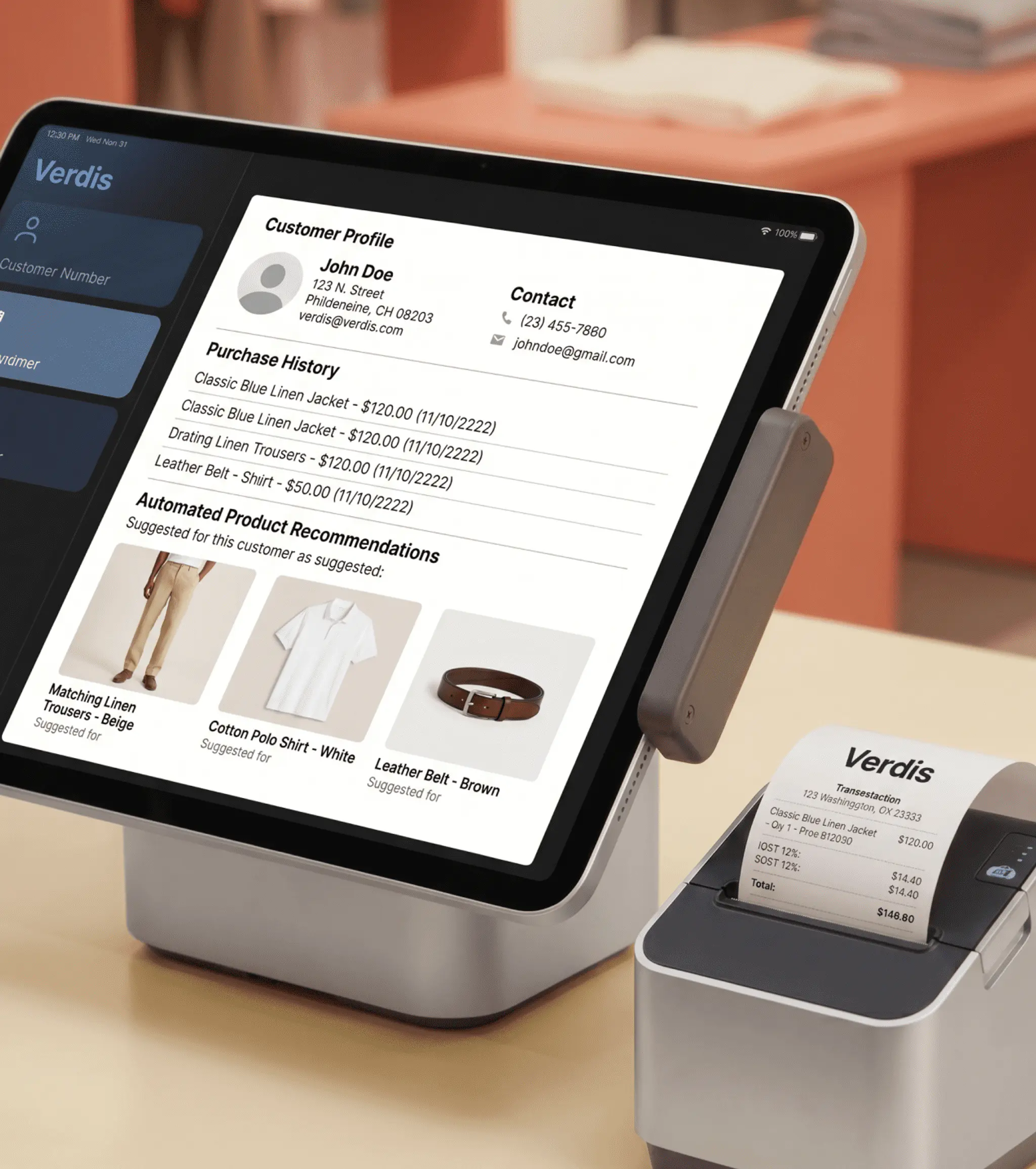 POS tablet showing a customer profile with contact details, purchase history and automated product recommendations