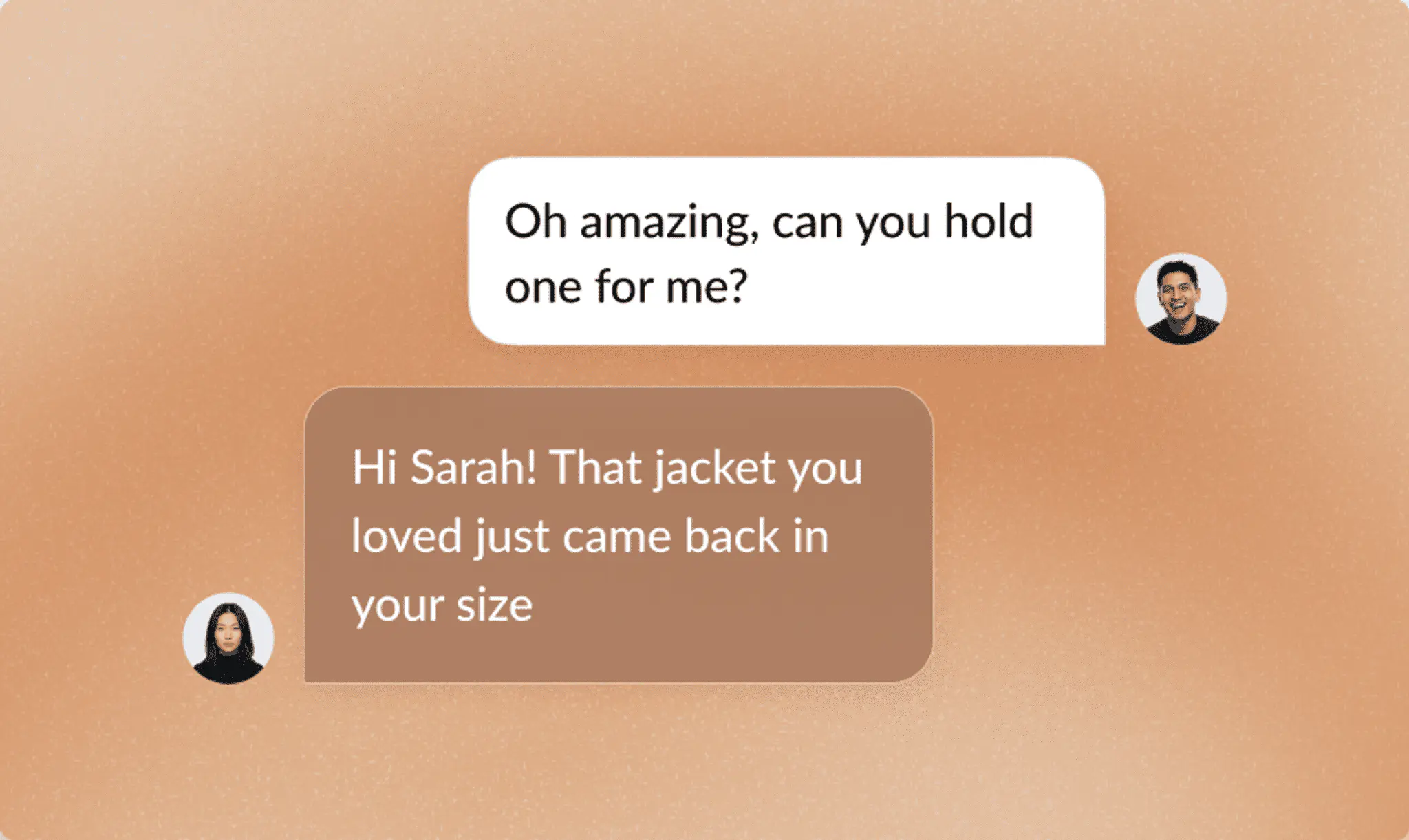 WhatsApp-style chat showing a store associate telling a customer their favorite jacket is back in stock