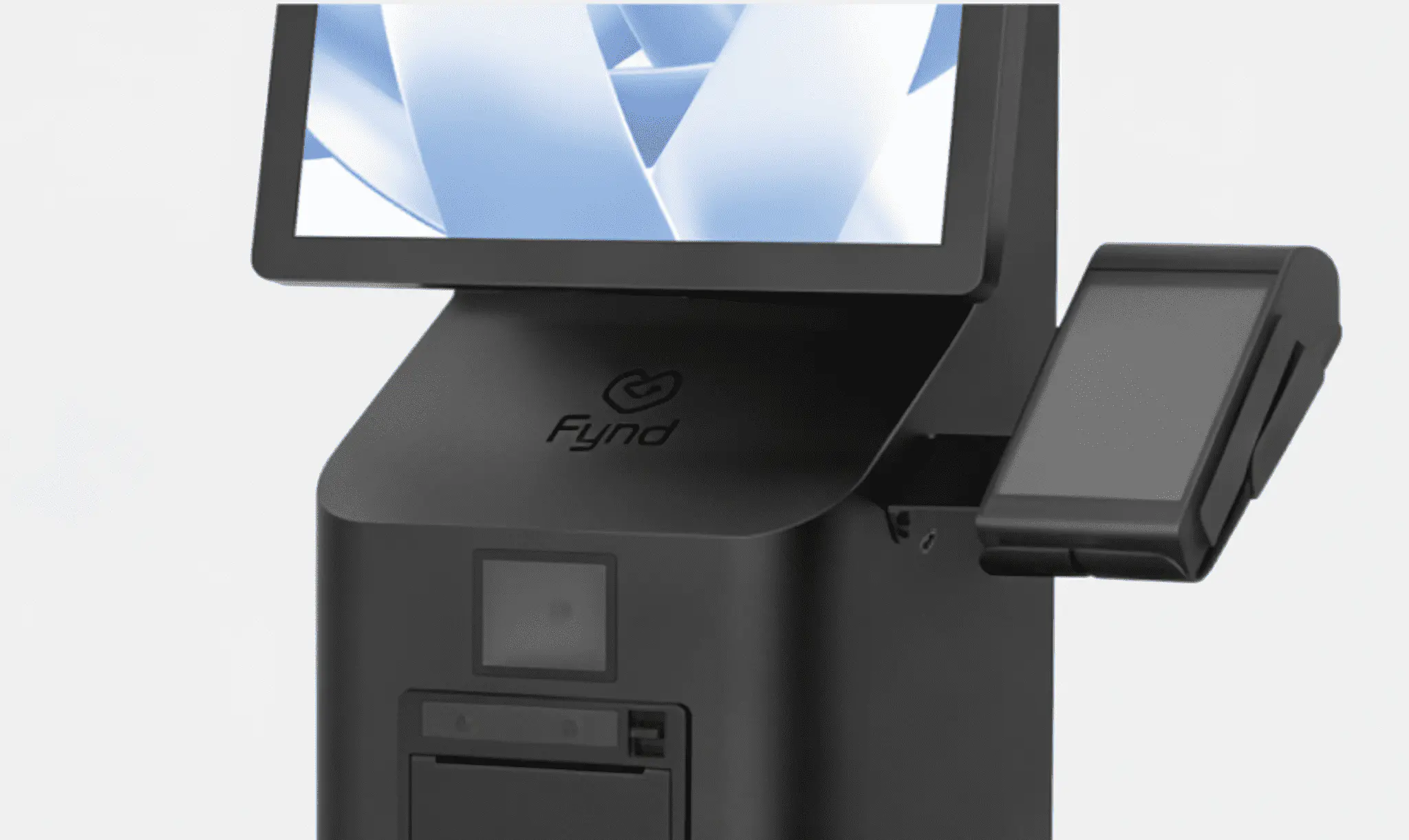Close-up of a Fynd self-checkout kiosk with touchscreen and receipt printer