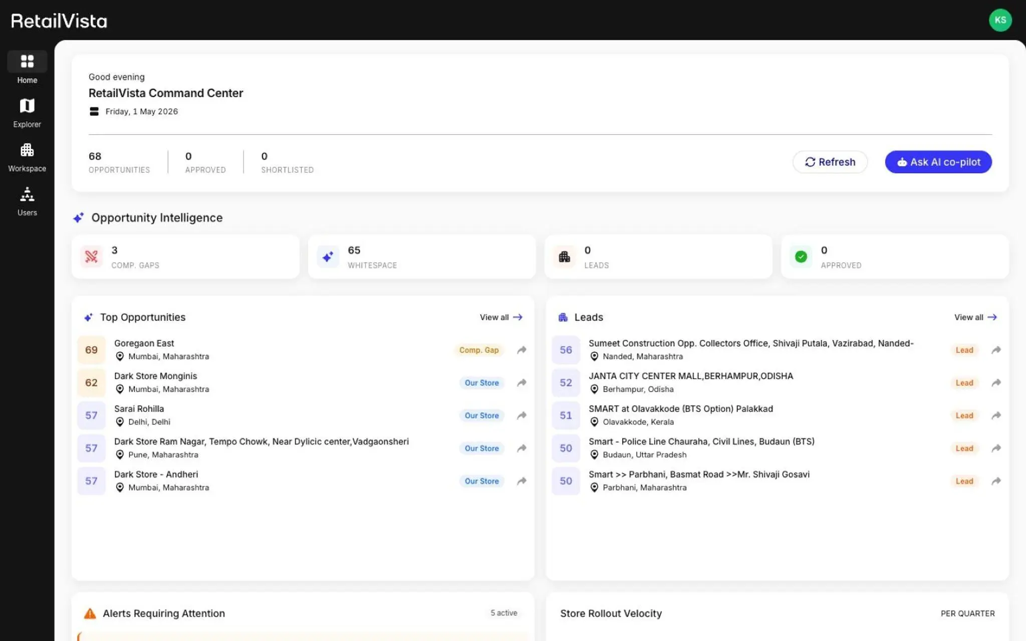 RetailVista Home — Command Center with Opportunity Intelligence panel and Top Opportunities list