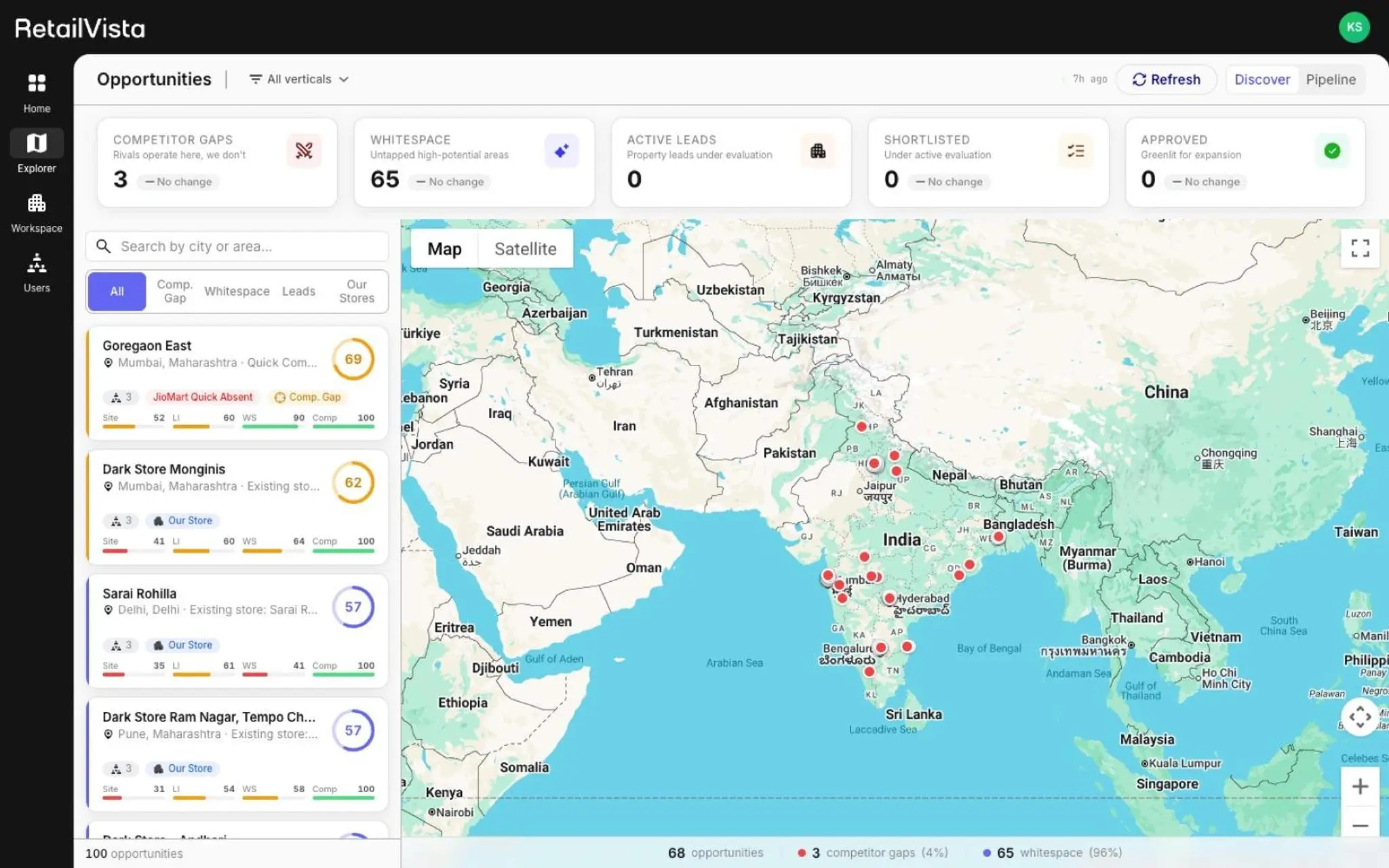 Explorer — scored opportunity list with synchronised Google Maps