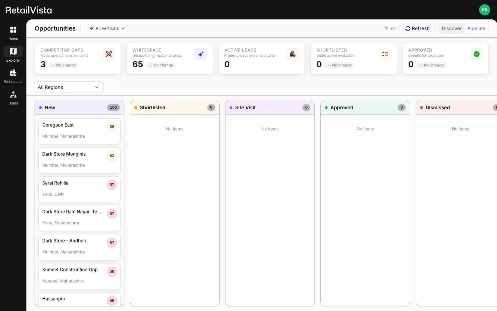 Explorer — Pipeline Kanban with New, Shortlisted, Site Visit, Approved, Dismissed columns