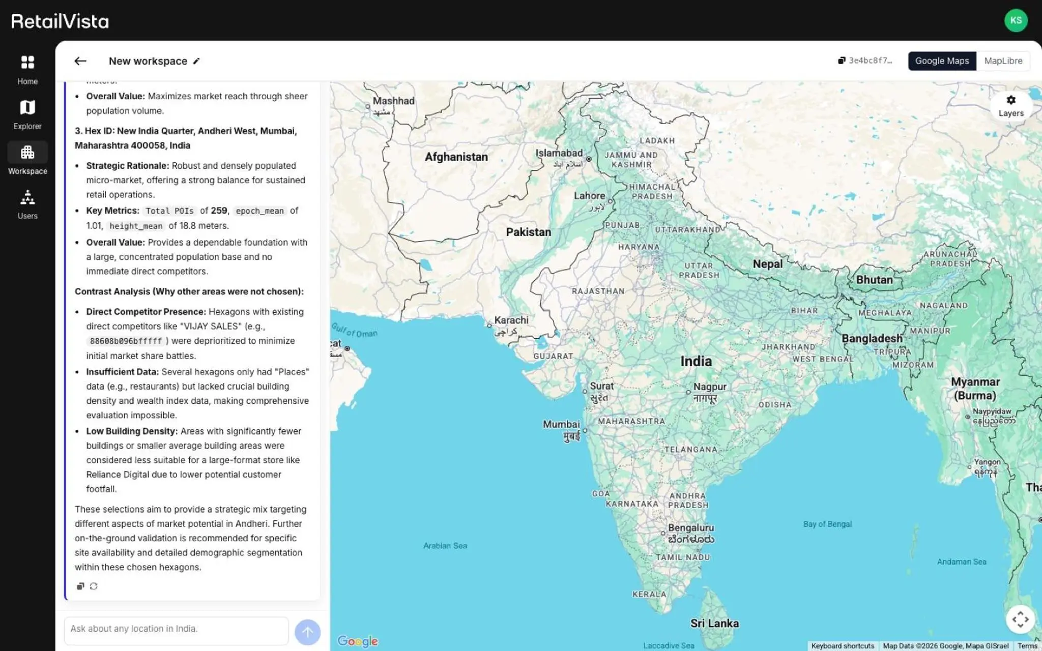 Workspace — AI co-pilot with feasibility analysis output for Andheri