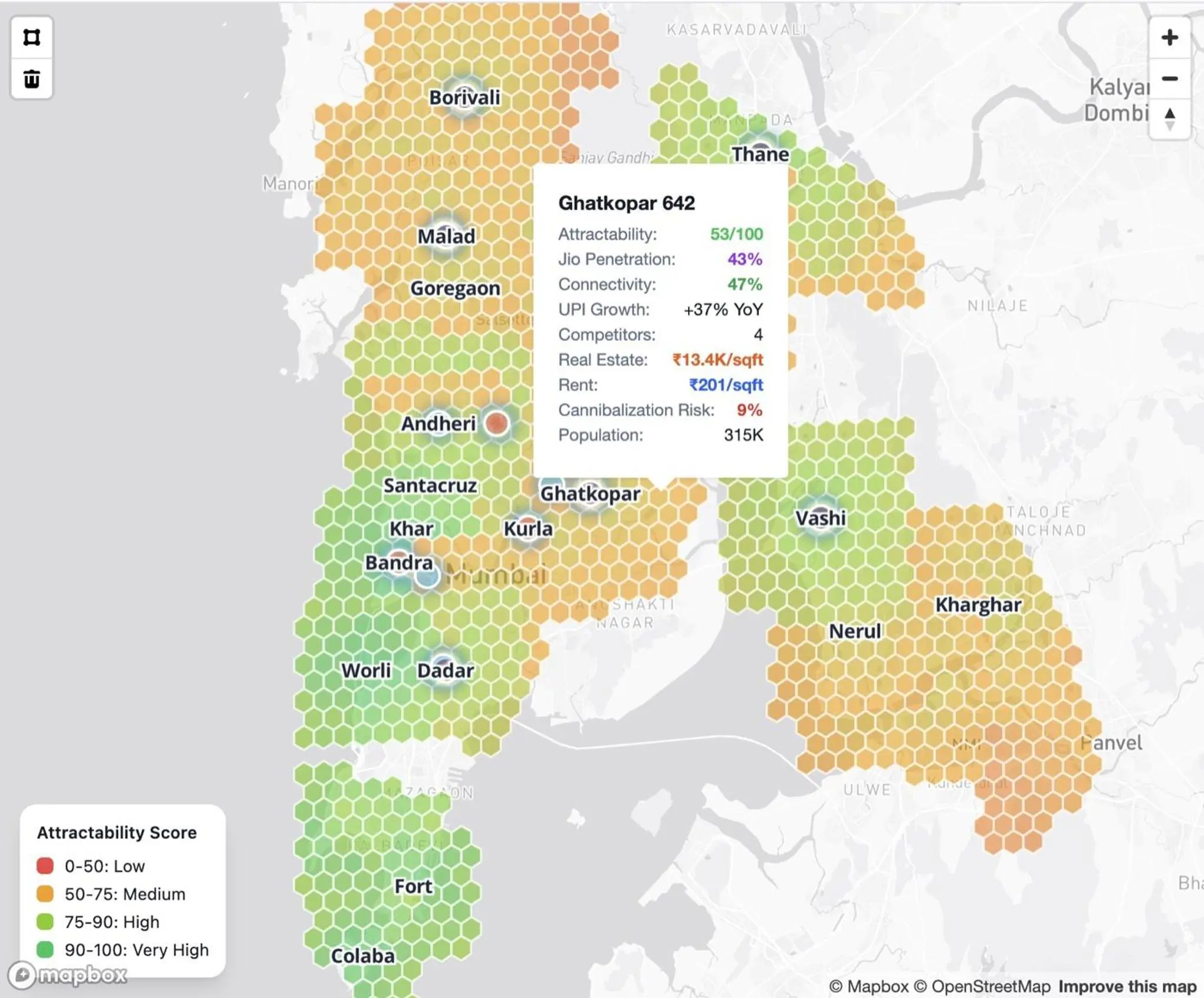 H3 hex visualisation — Mumbai Attractability scoring with Ghatkopar popup