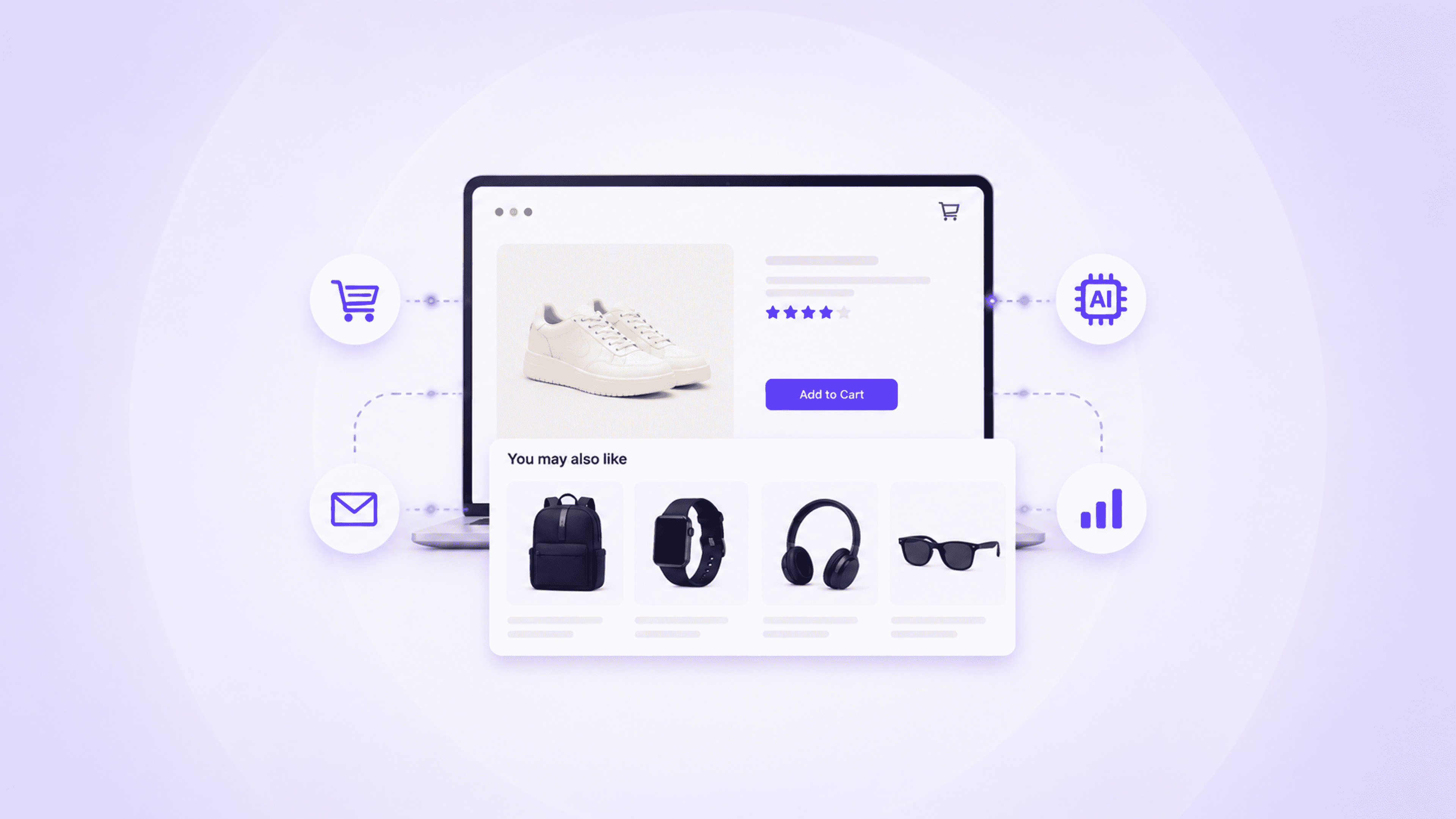 AI-powered ecommerce product recommendation interface showing personalized product suggestions, cross-sell recommendations and smart merchandising on an online storefront.
