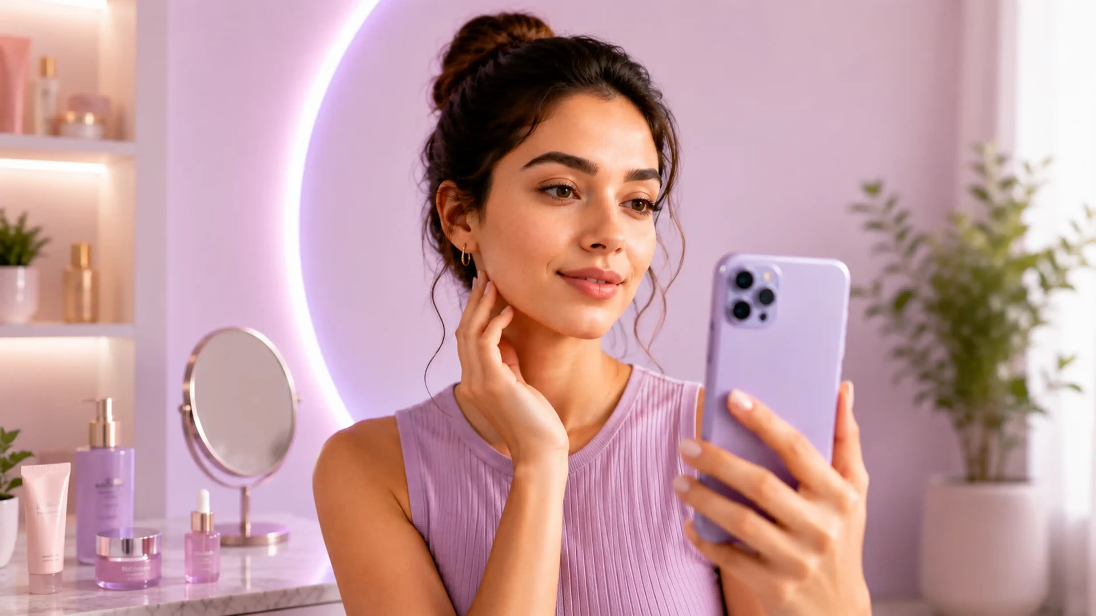 A customer testing her skin health using an AI skin analysis tool on her smartphone
