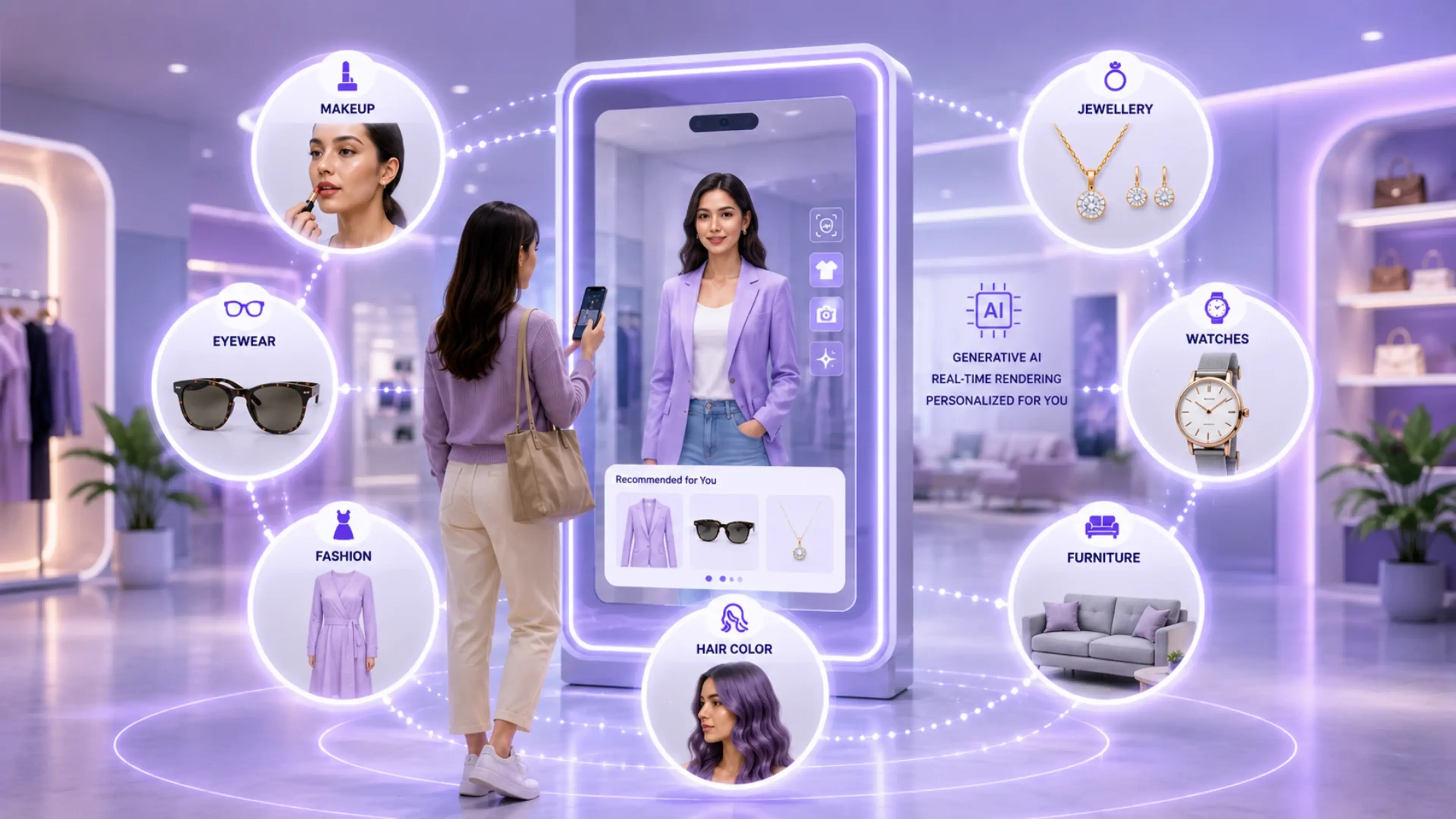 AI virtual try-on technology for fashion ecommerce showing real-time product visualization for clothing, makeup, eyewear, jewelry, watches, and home decor.