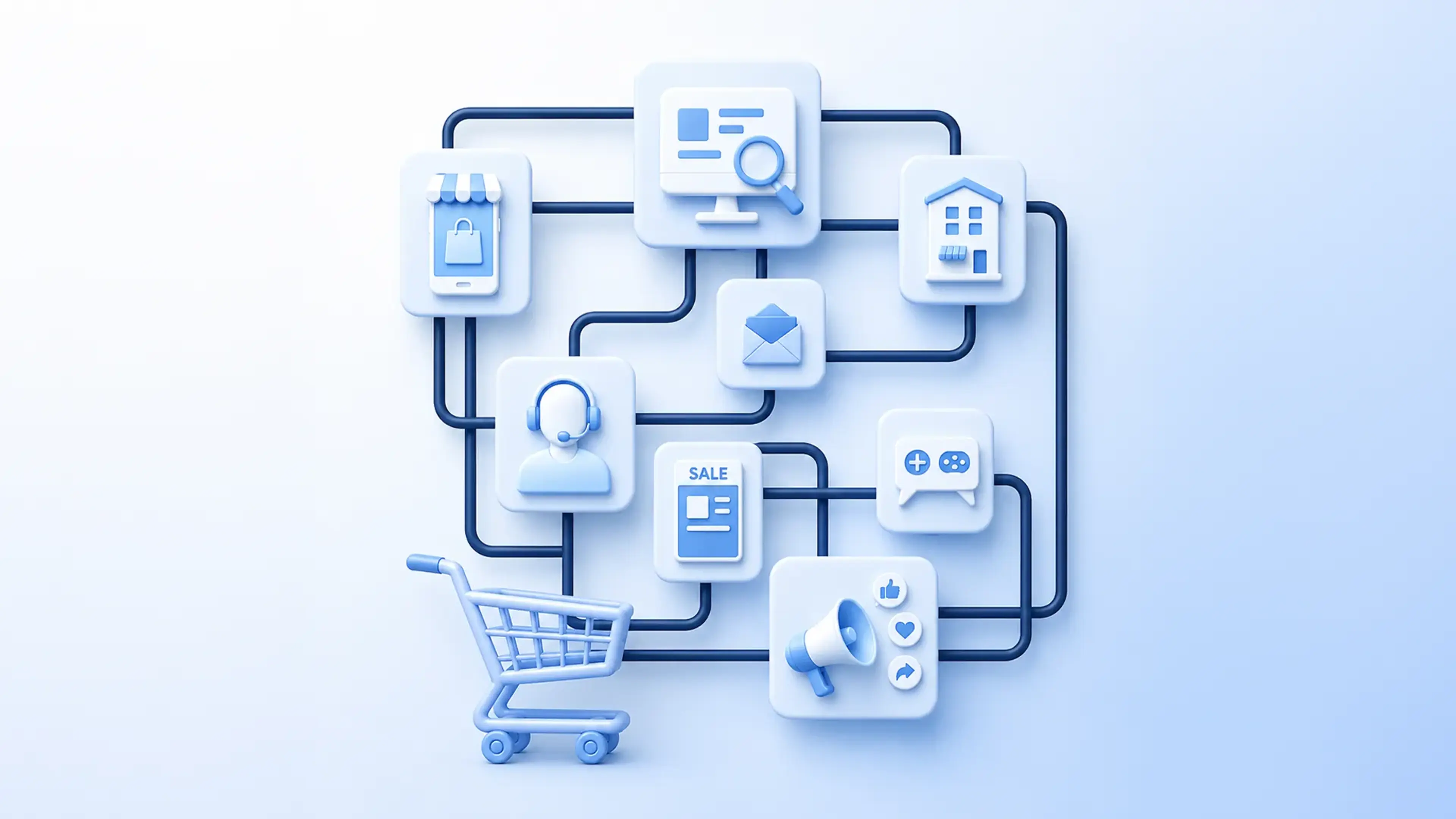E-commerce management system illustration showing order management, inventory, customer support, marketing, and sales channels connected through a unified operations platform.