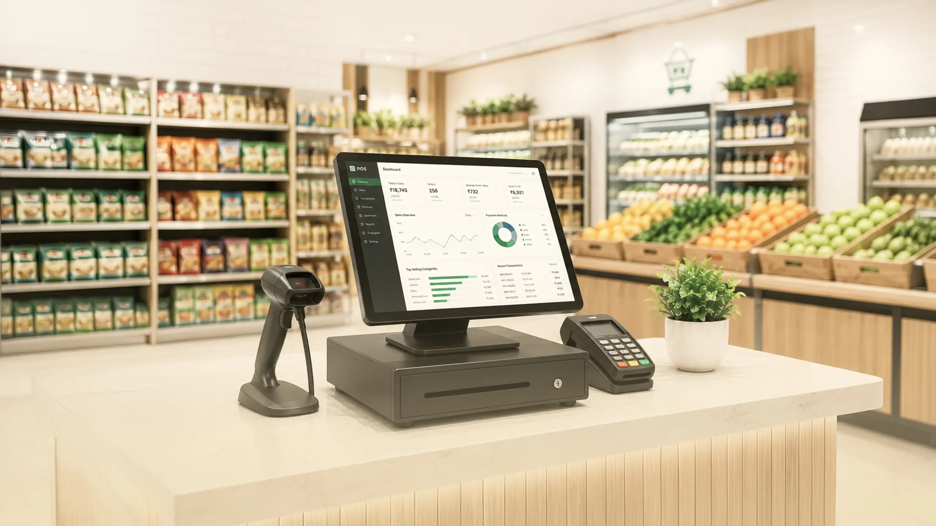 POS system in a modern retail grocery store with touchscreen billing software, barcode scanner, payment terminal, and inventory management dashboard for Indian retailers.