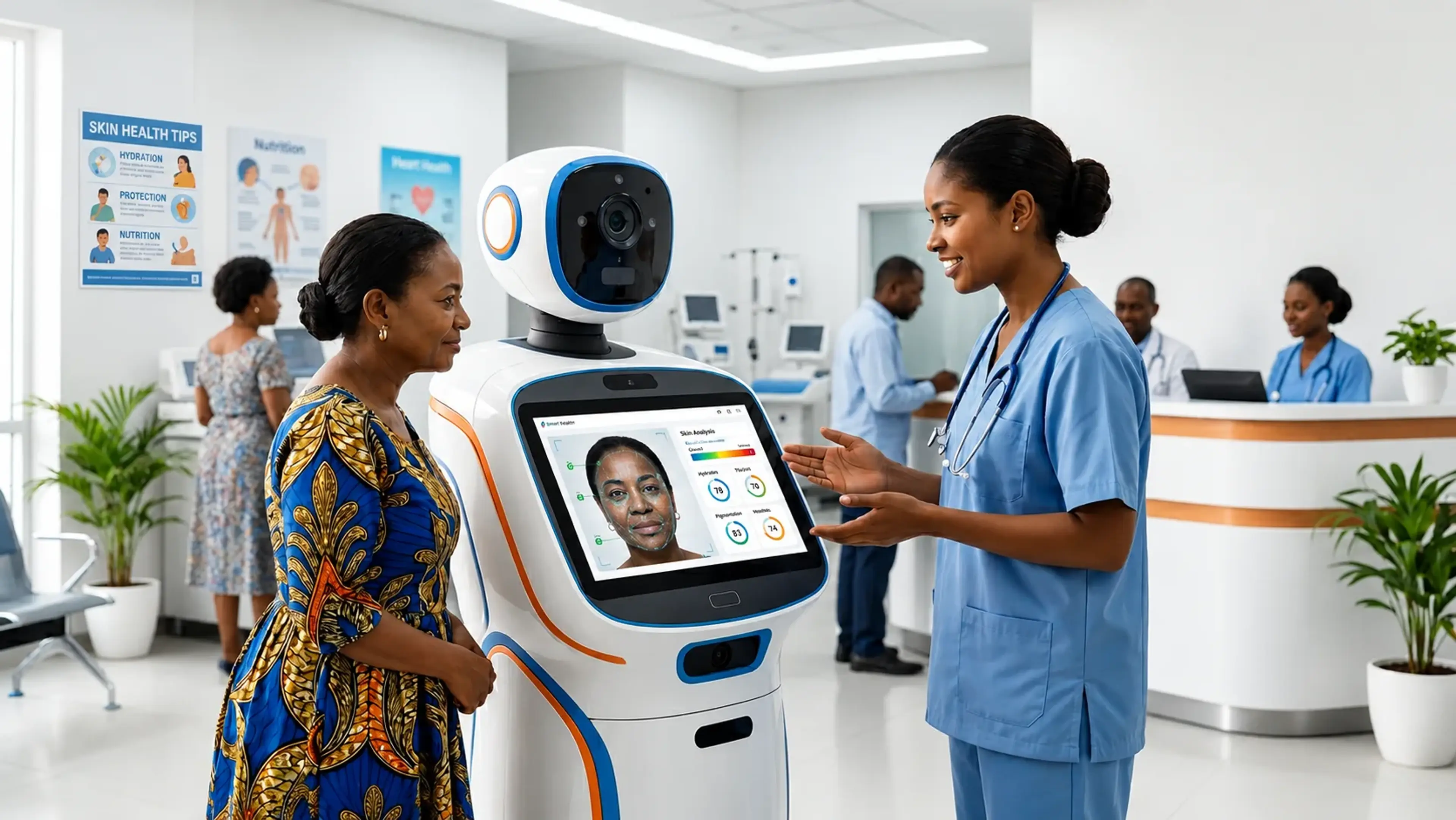 A healthcare professional demonstrates an AI-powered skin analysis kiosk to a patient in a modern clinic, while the smart device displays facial skin assessment results on an interactive touchscreen.