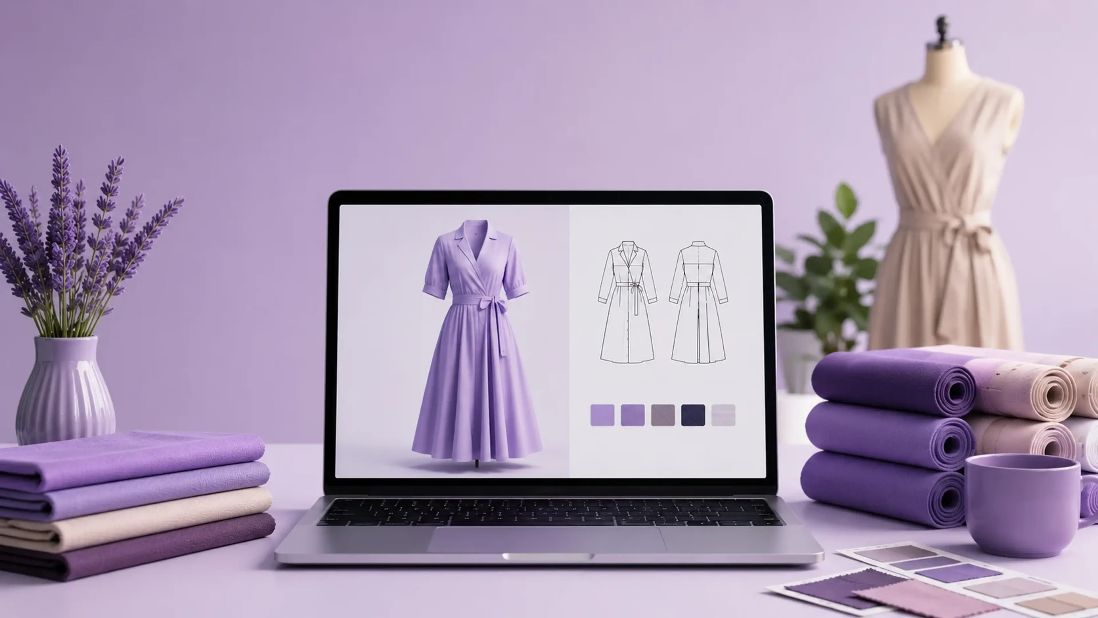 Artificial intelligence-powered fashion ecommerce platform for product catalog management, featuring a screen with apparel product tech-pack, fabric swatches and a fashion studio workspace.
