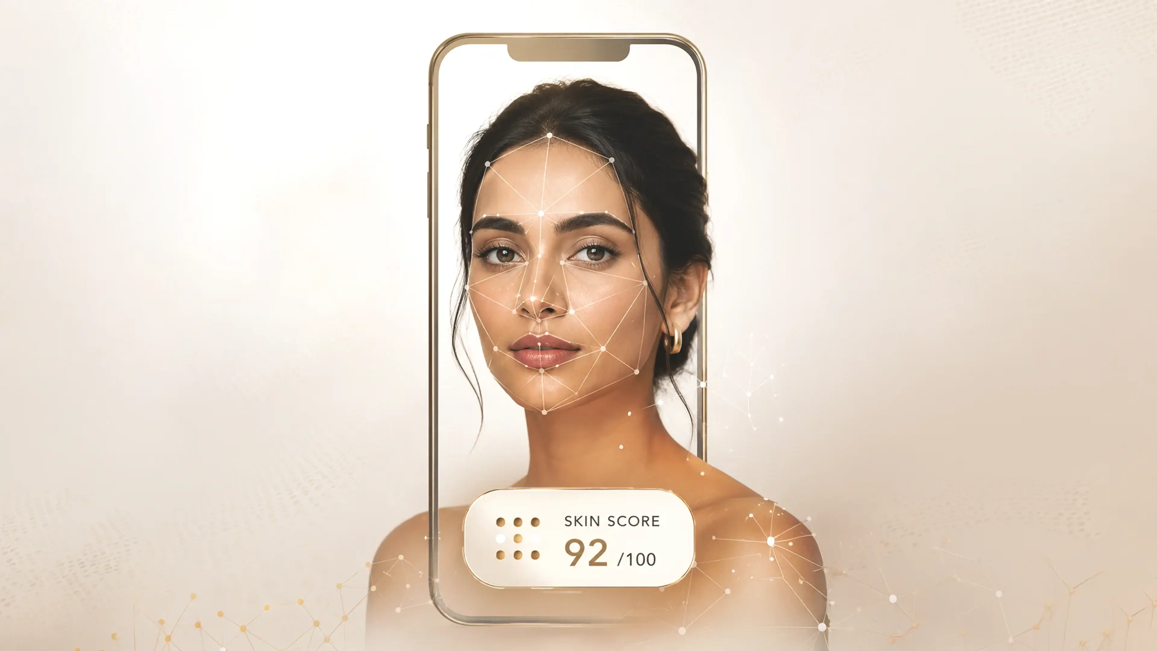 AI-powered skin analysis on a smartphone showing facial mapping and a skin score for personalized skincare recommendations