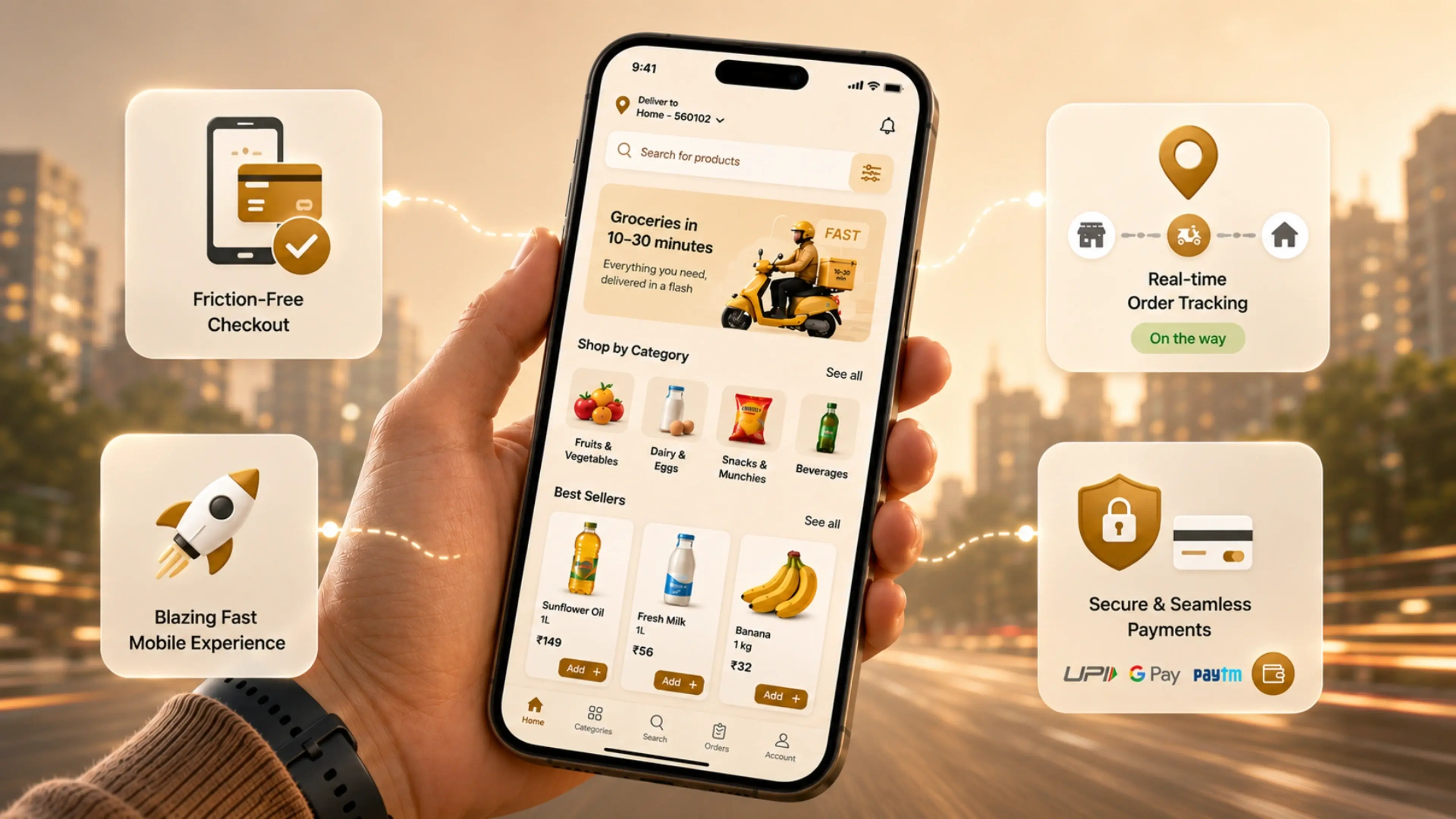 A mobile-optimized quick commerce website that offers friction-free checkout, secure payments and real-time order tracking with Fynd
