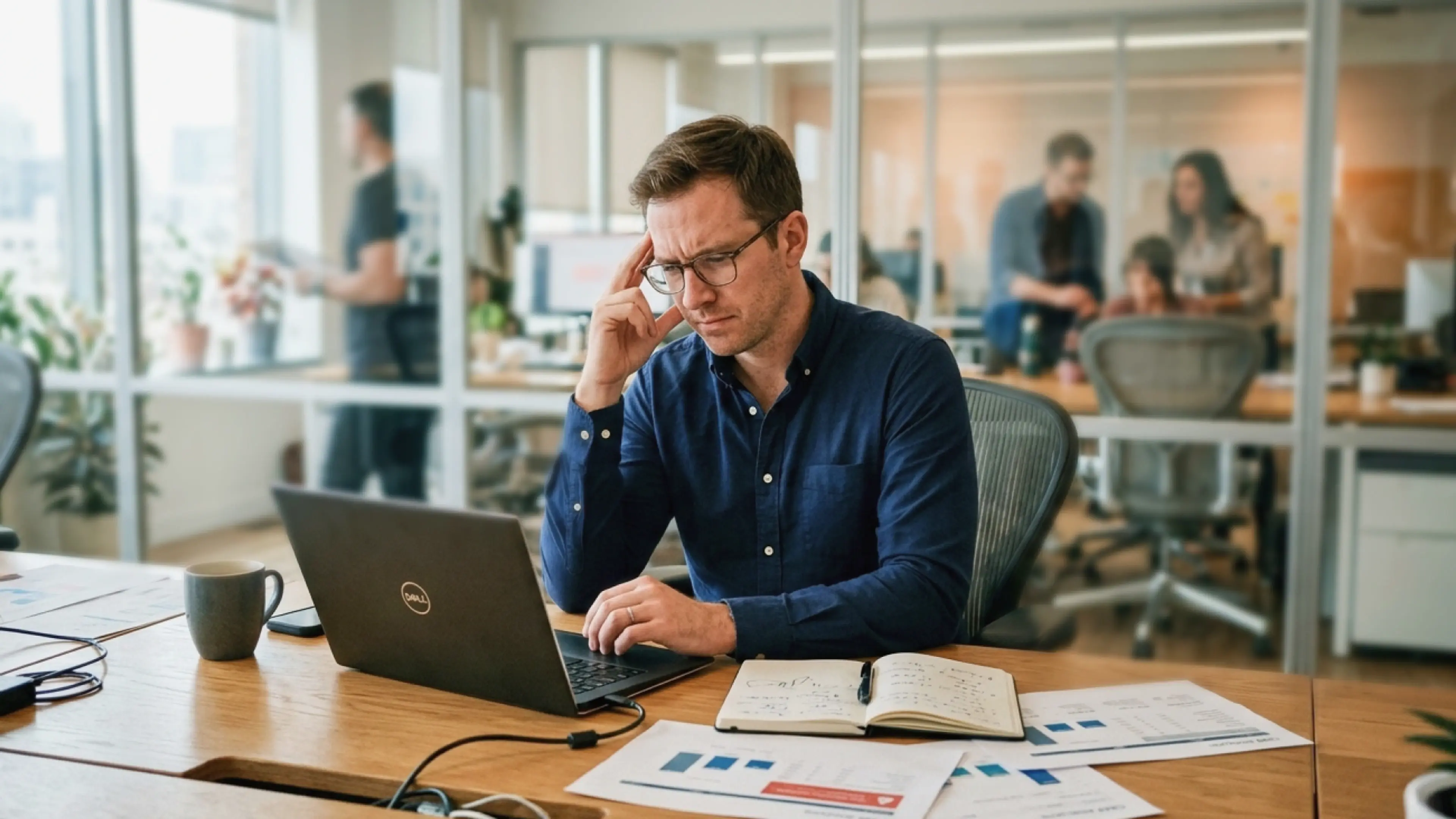 An image showing a startup founder looking at this laptopn 