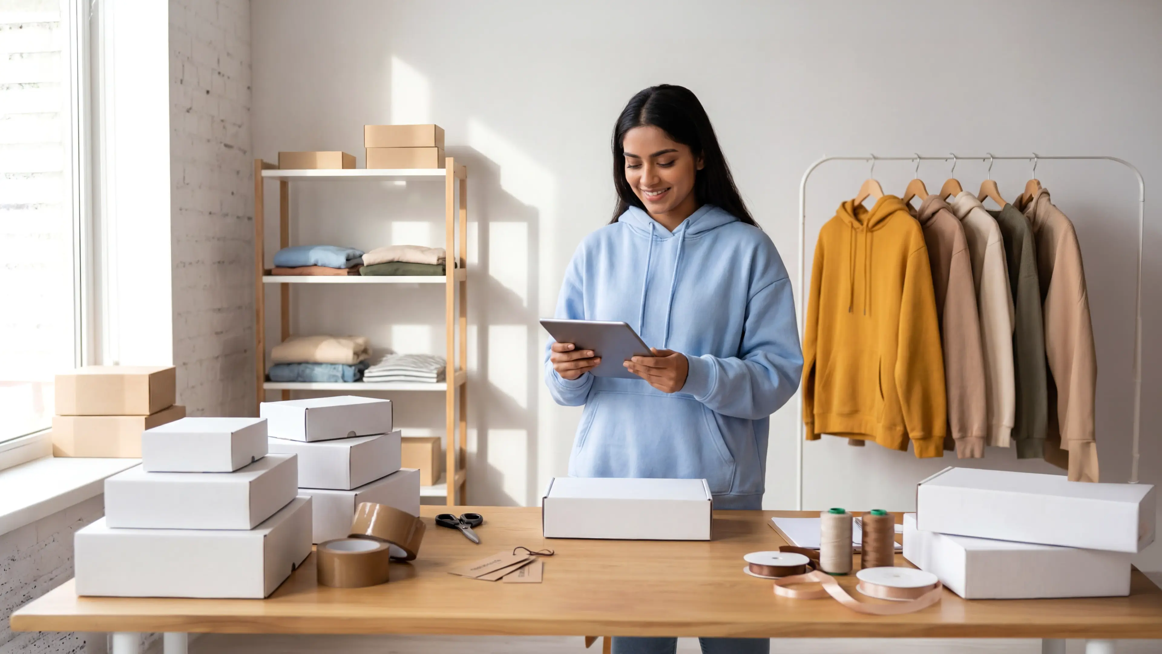 Woman managing a fashion quick-commerce business in India, using a tablet to process online clothing orders in a modern workspace filled with packaged boxes and apparel inventory.
