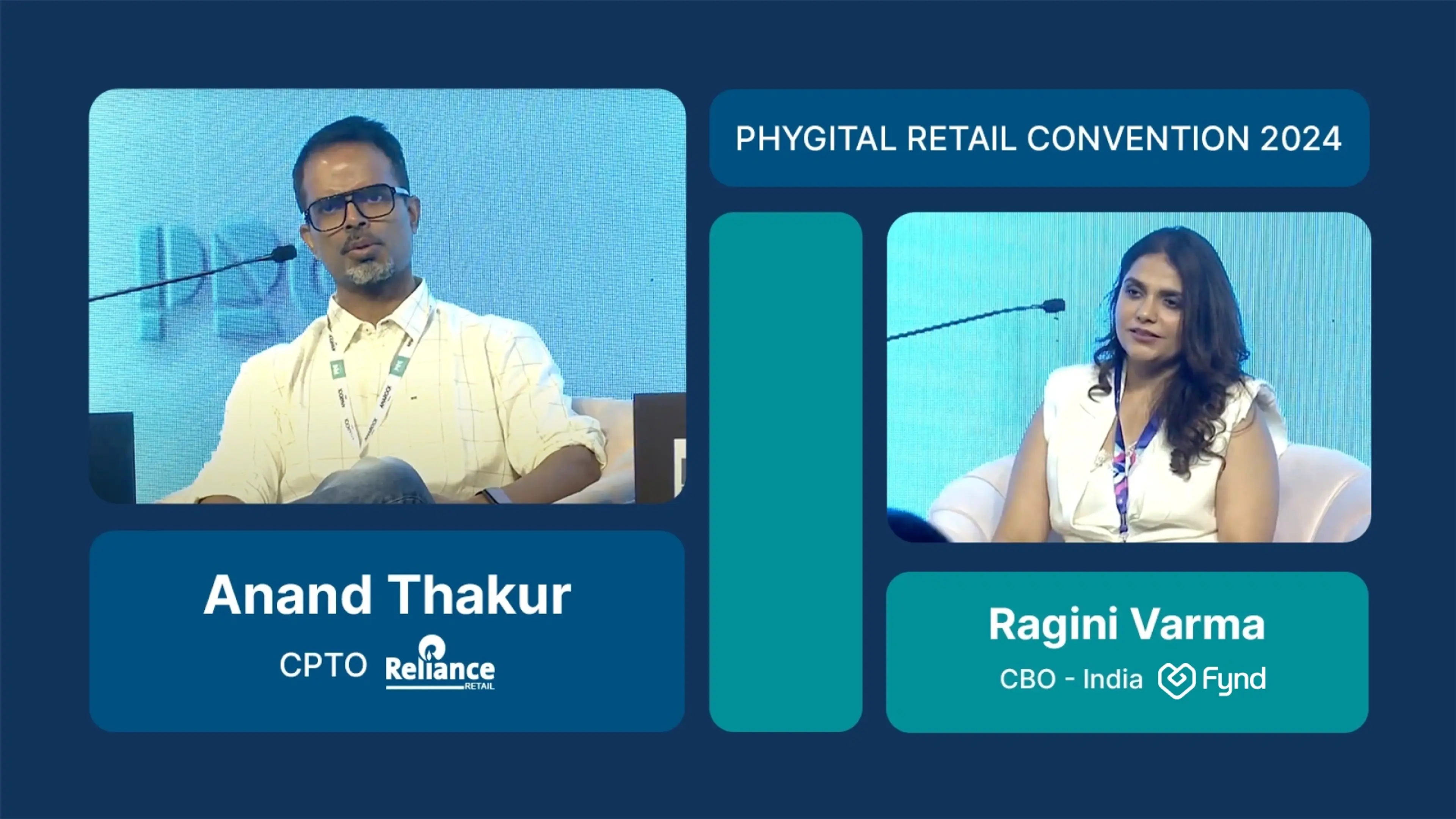 Anand, CPTO at Reliance retail is sitting next to Ragini, CBO at Fynd in a fireside chat on a podium set up at the Phygital Retail Conference, 2024, in Mumbai