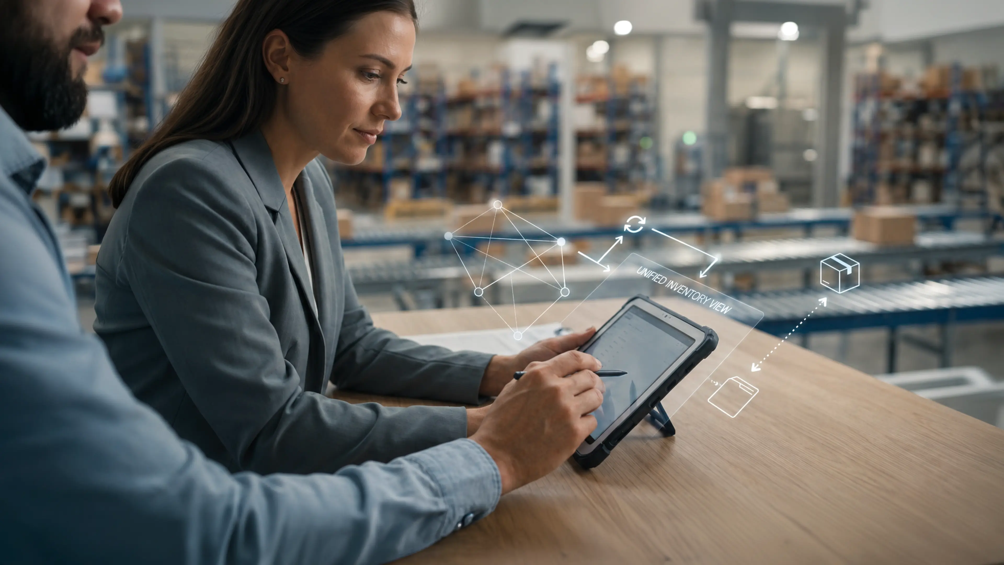 An image showing teams handling warehouse operations under one single dashboard. 