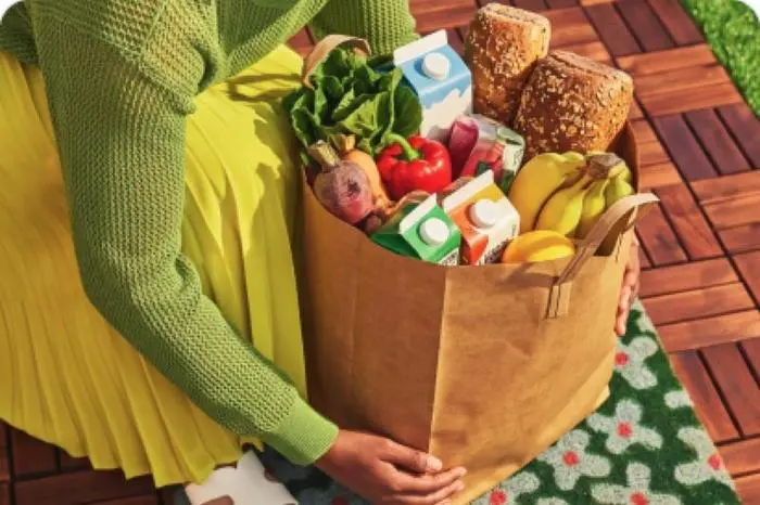 Grocery bag packed with fresh produce and essentials for quick delivery
