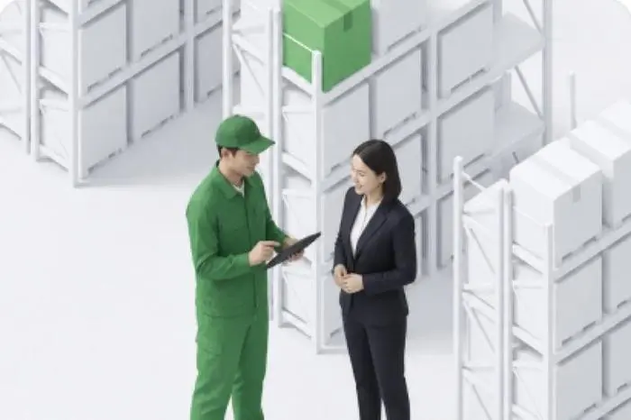 Warehouse staff reviewing operations among storage racks