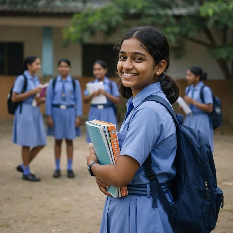 A student carrying books outside her classroom