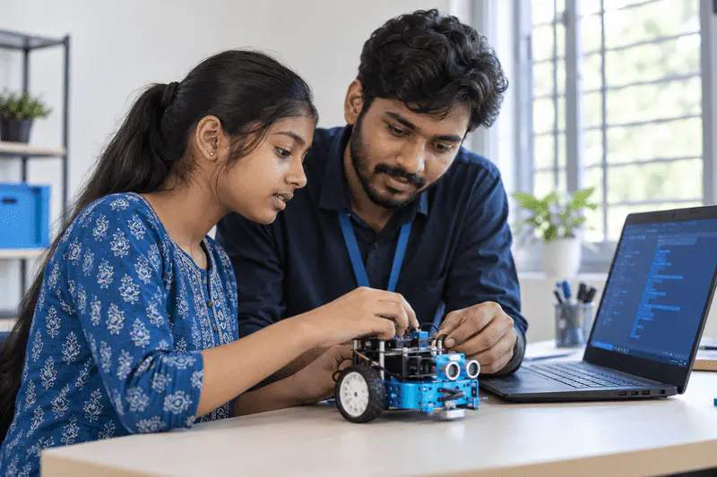 Learners exploring technology with a mentor