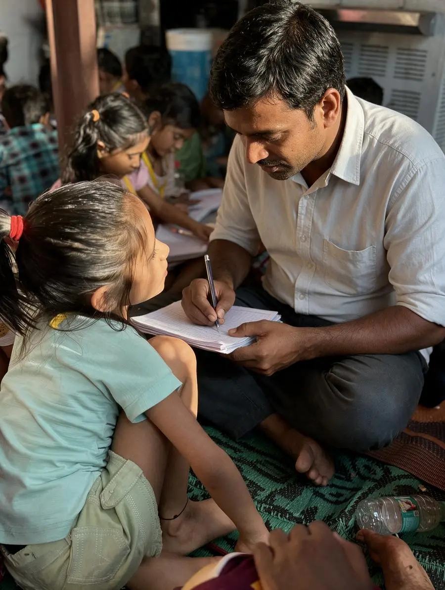 An educator helping a young learner write in a notebook