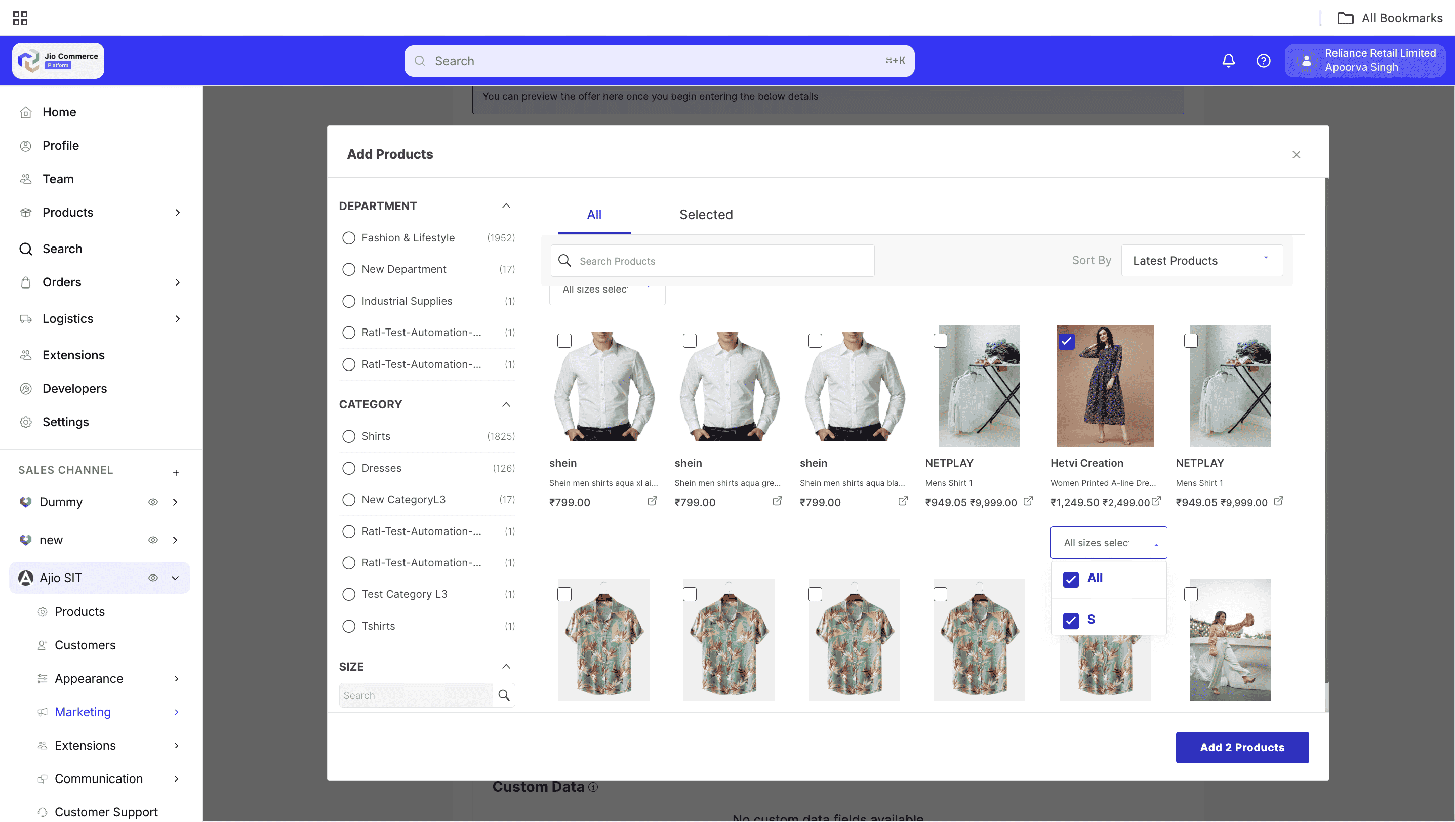 Item size mapping configuration for free gift items