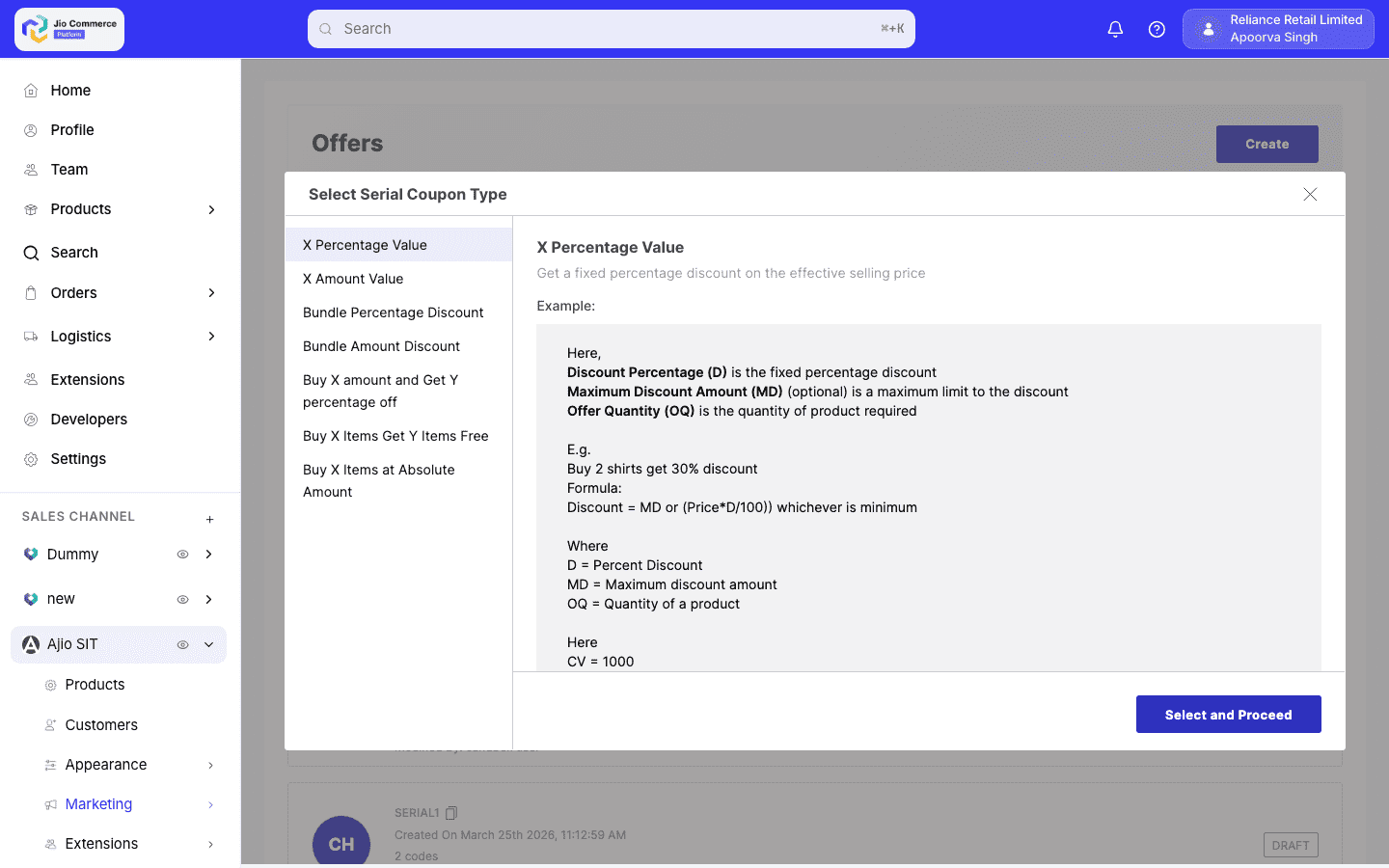 Select Serial Coupon Type modal