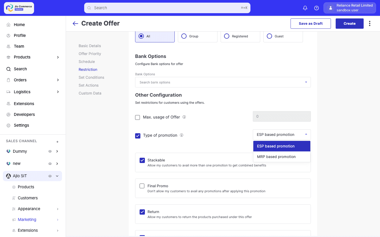 Calculate On field in promotion creation form