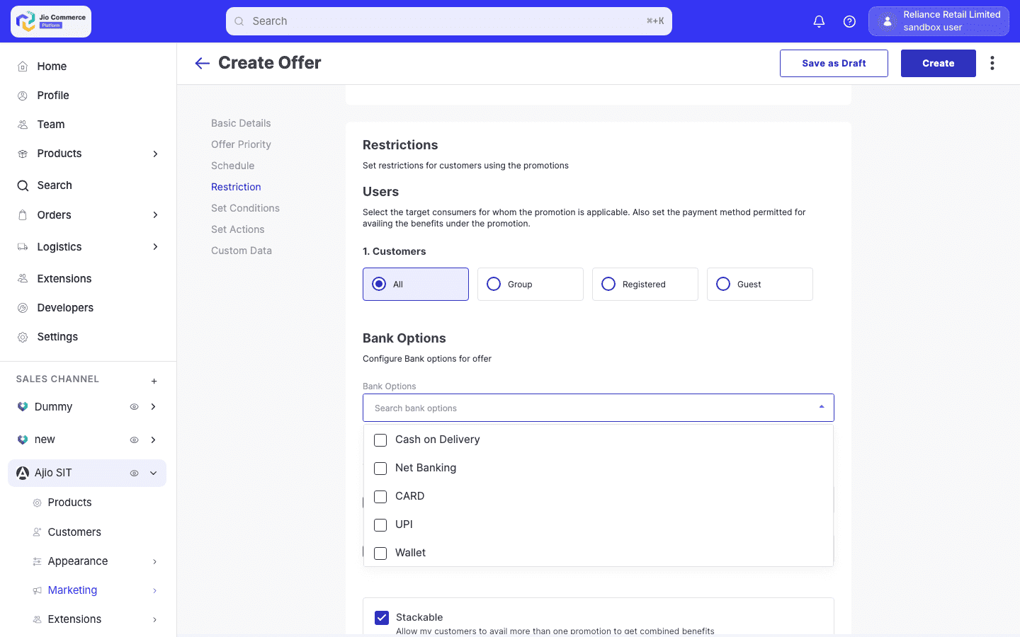 Payment mode restriction fields for a promotion