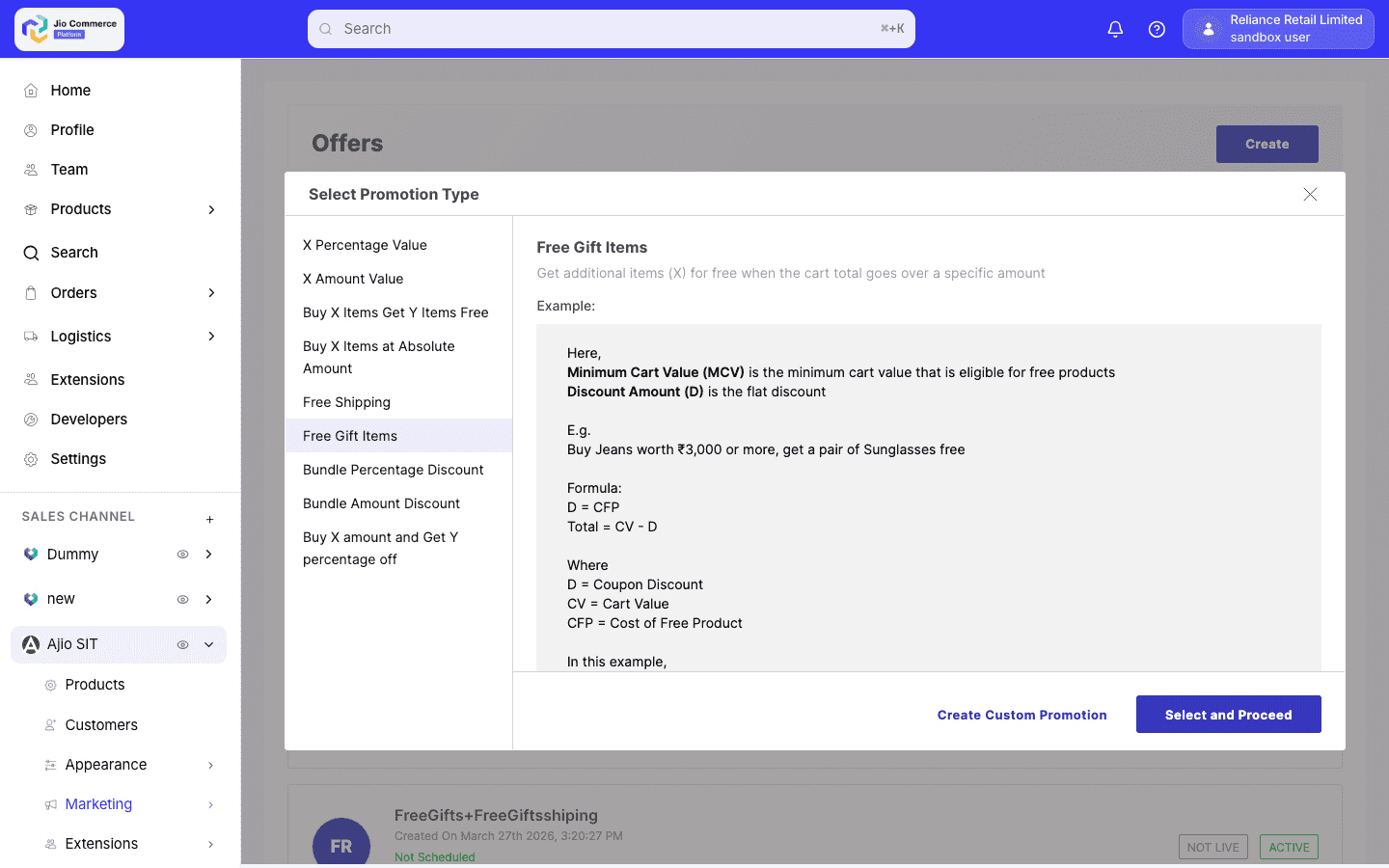 Promotion type selection with Free Gift Items highlighted
