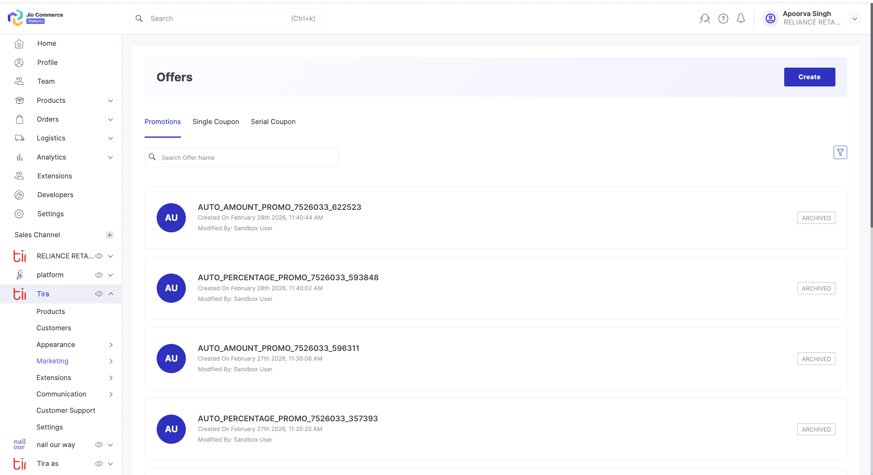 Promotion listing page with status filter set to Archived